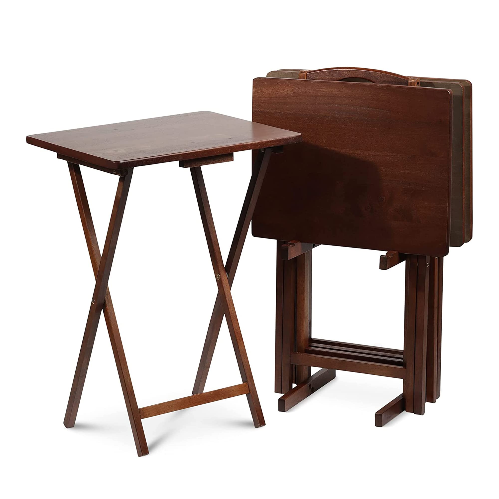 PJ Wood 5 Piece Set, 4 Folding Wooden TV Tray Snack Tables with Storage Rack, Honey Oak