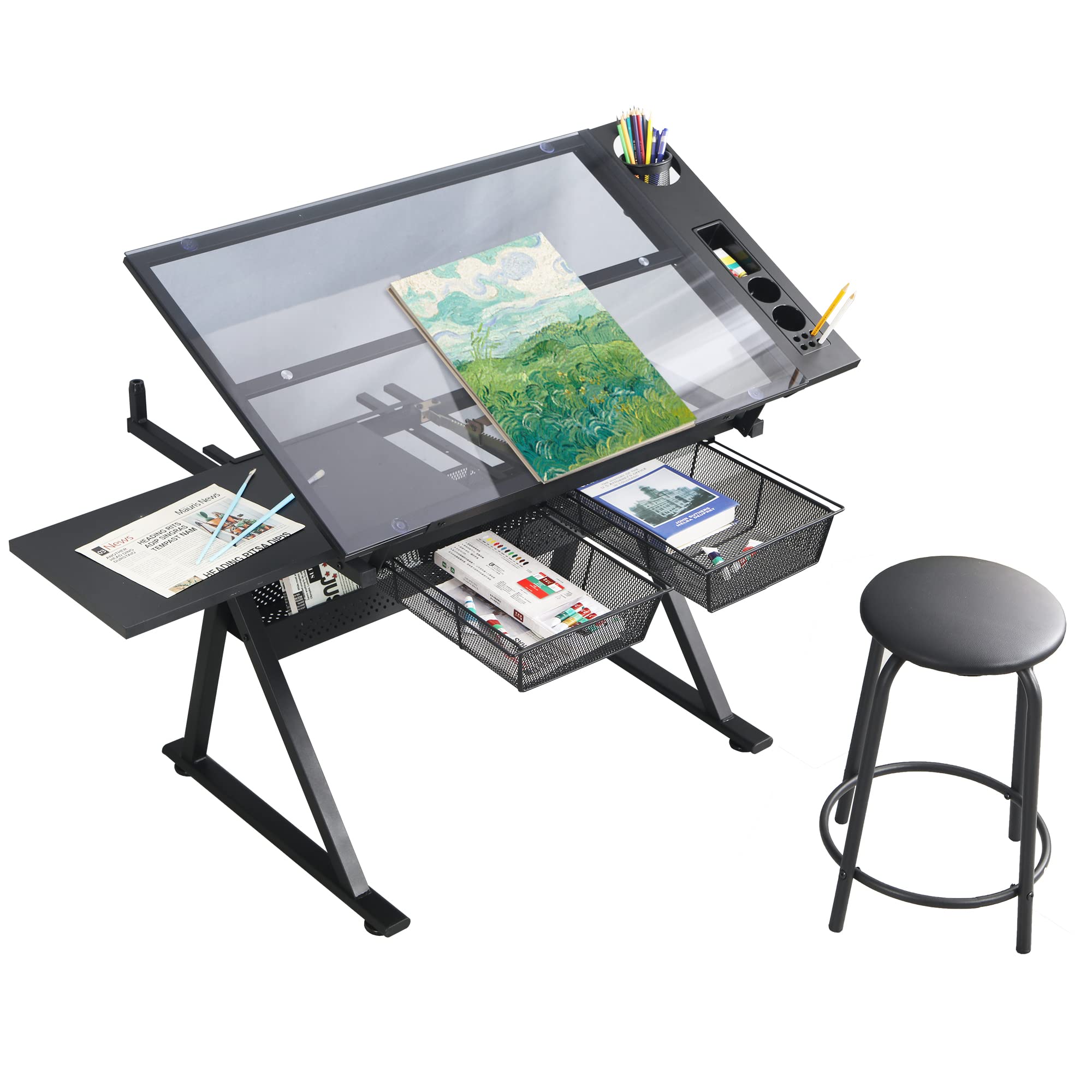 LifeSky Adjustable Glass Drafting Table - Height Adjustable Temped Glass Artists Drawing Table with Storage - Art Craft Desk Wor