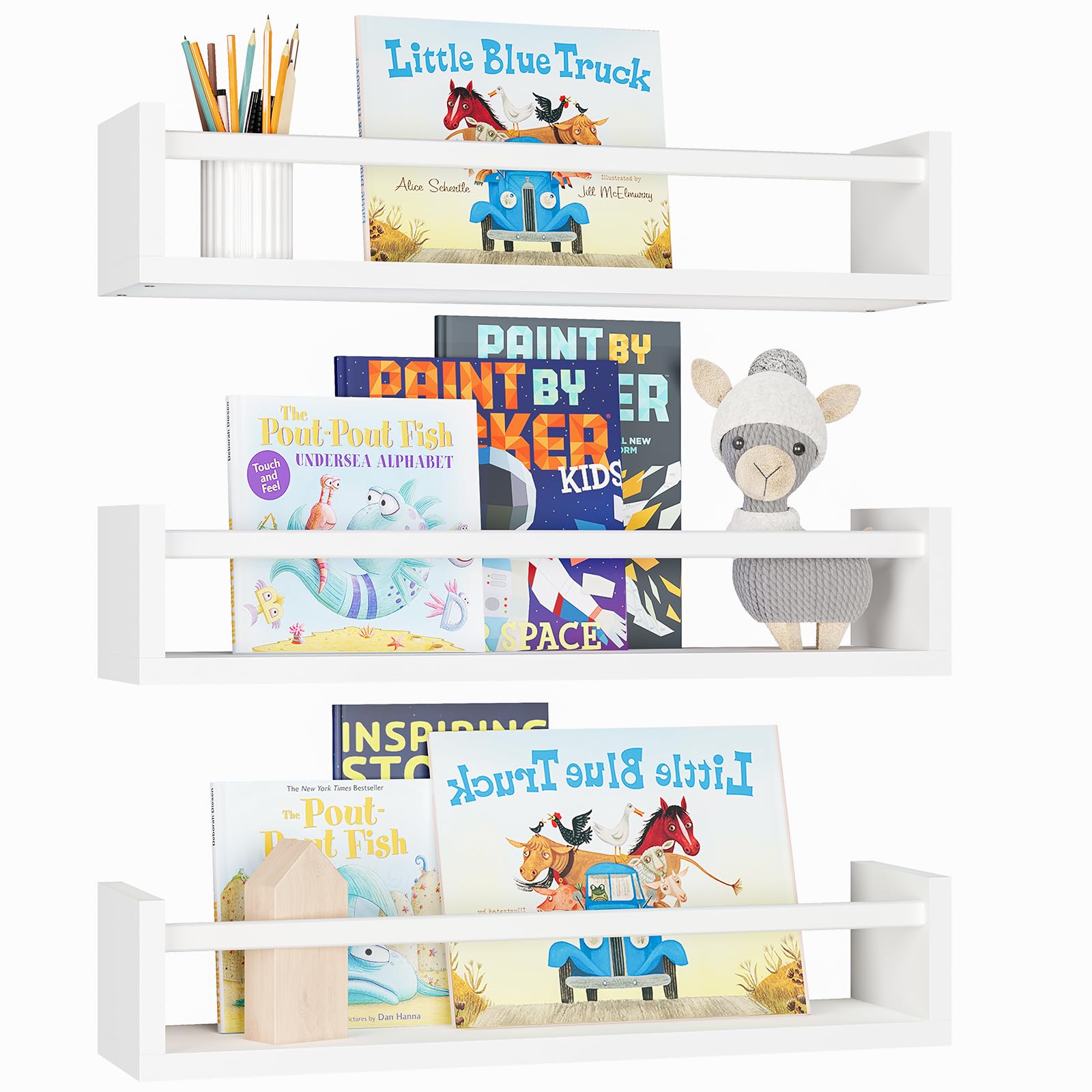 Fixwal Nursery Bookshelves, 16.5 Inch Floating Bookshelves for Wall Set of 3, Baby Kids Decor, Solid Wood Wall Mounted Shelves f