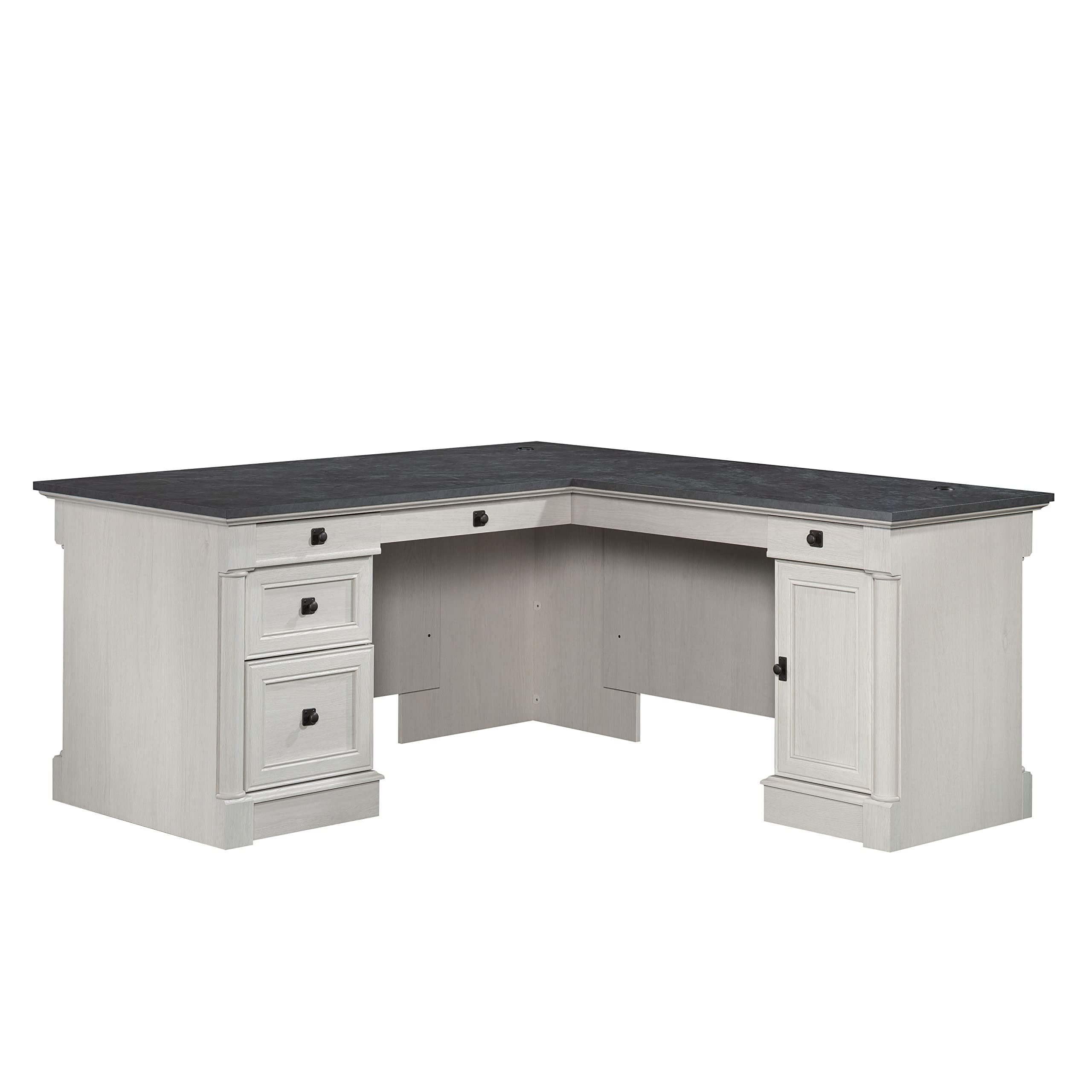 Sauder Palladia L Shaped Desk with Drawers, Office Desk with File Cabinet Storage, Cable Management, Keyboard Tray, in Glacier O