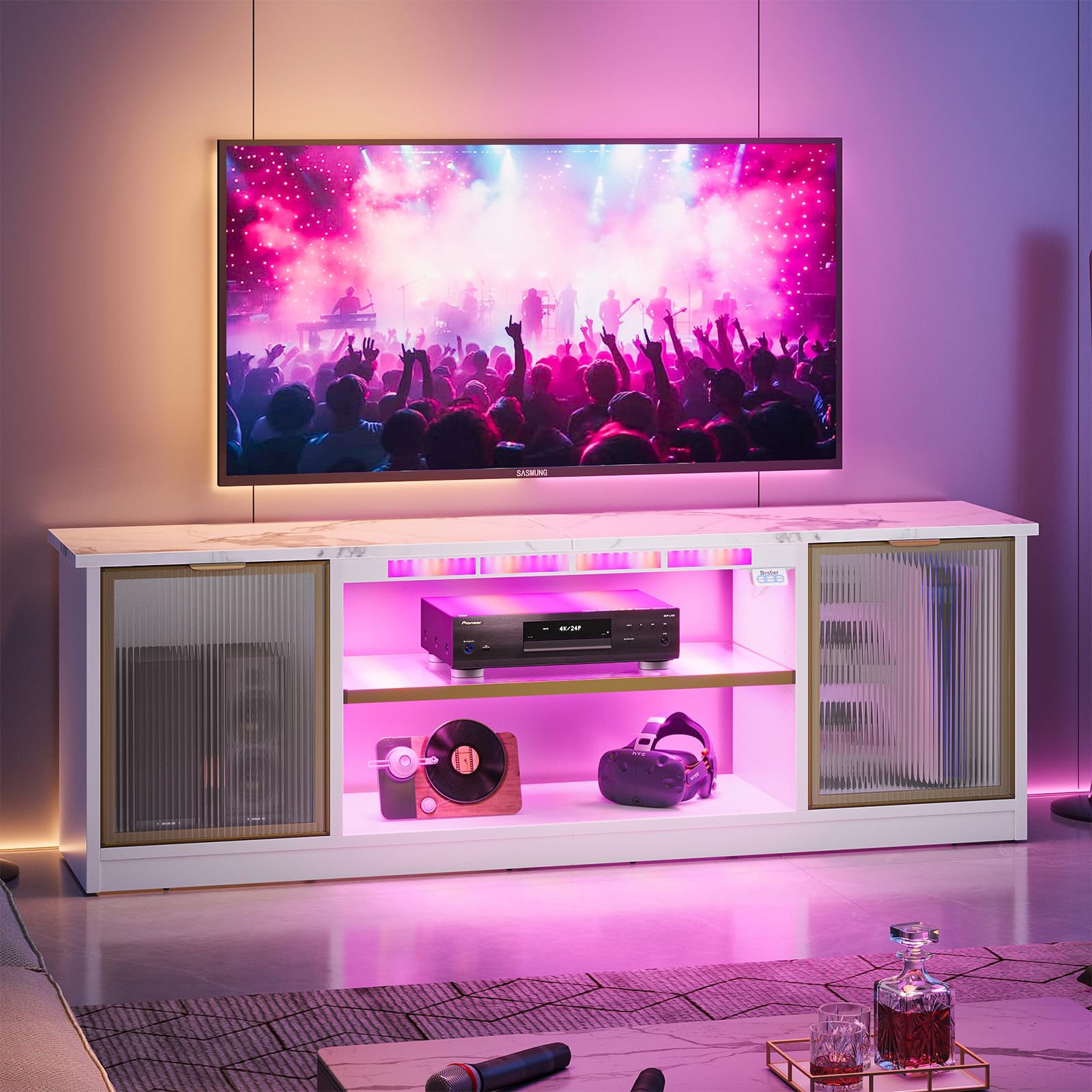 Bestier Gaming TV Stand with Music Sync Light, Flow Vibe Entertainment Center with Storage for PS5 Xbox, RGB LED Party Modes Tel