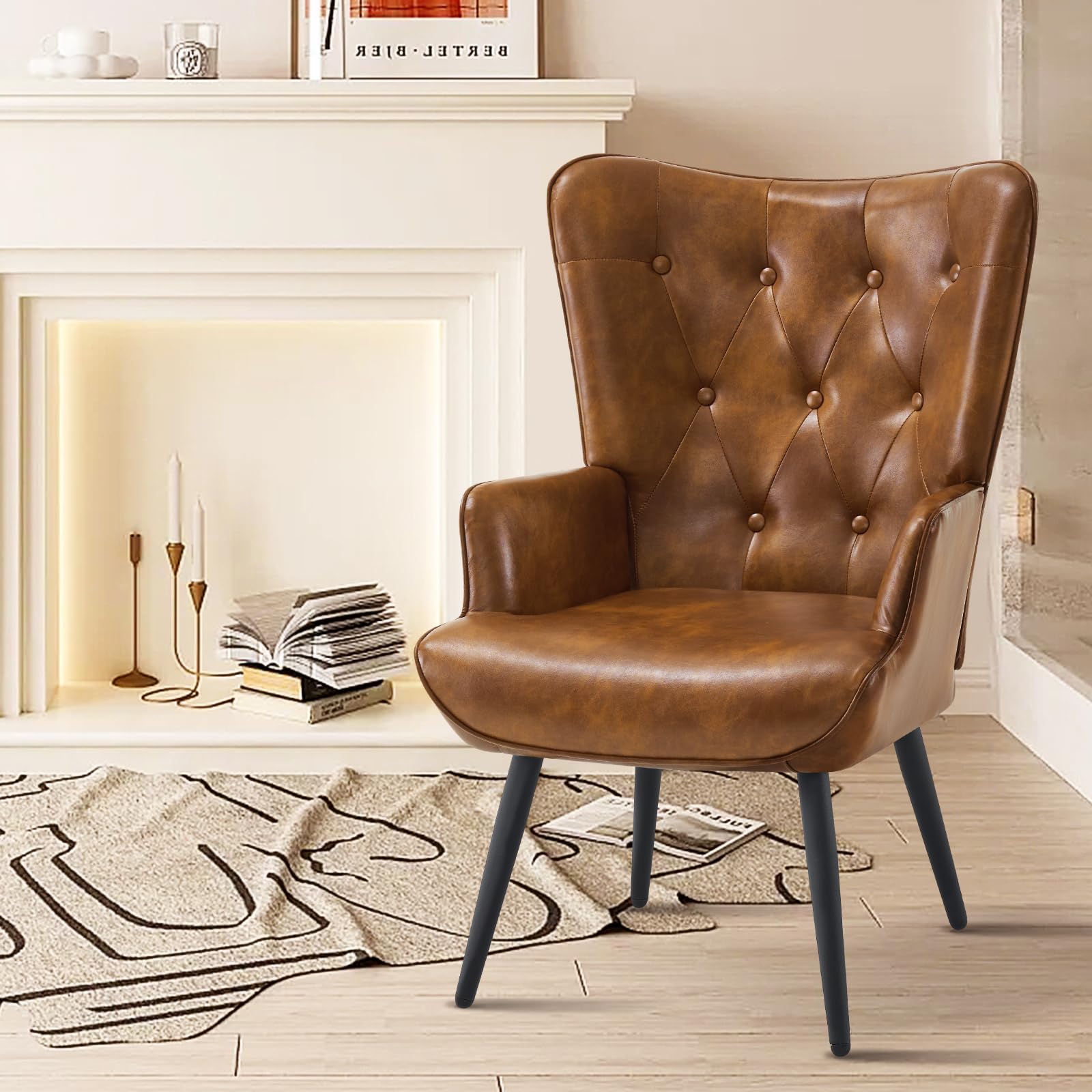 Furnimart Faux Leather Accent Chair Mid Century Modern Living Room Chairs; Comfy Armchair Leisure Vanity Guest Wingback Chair fo