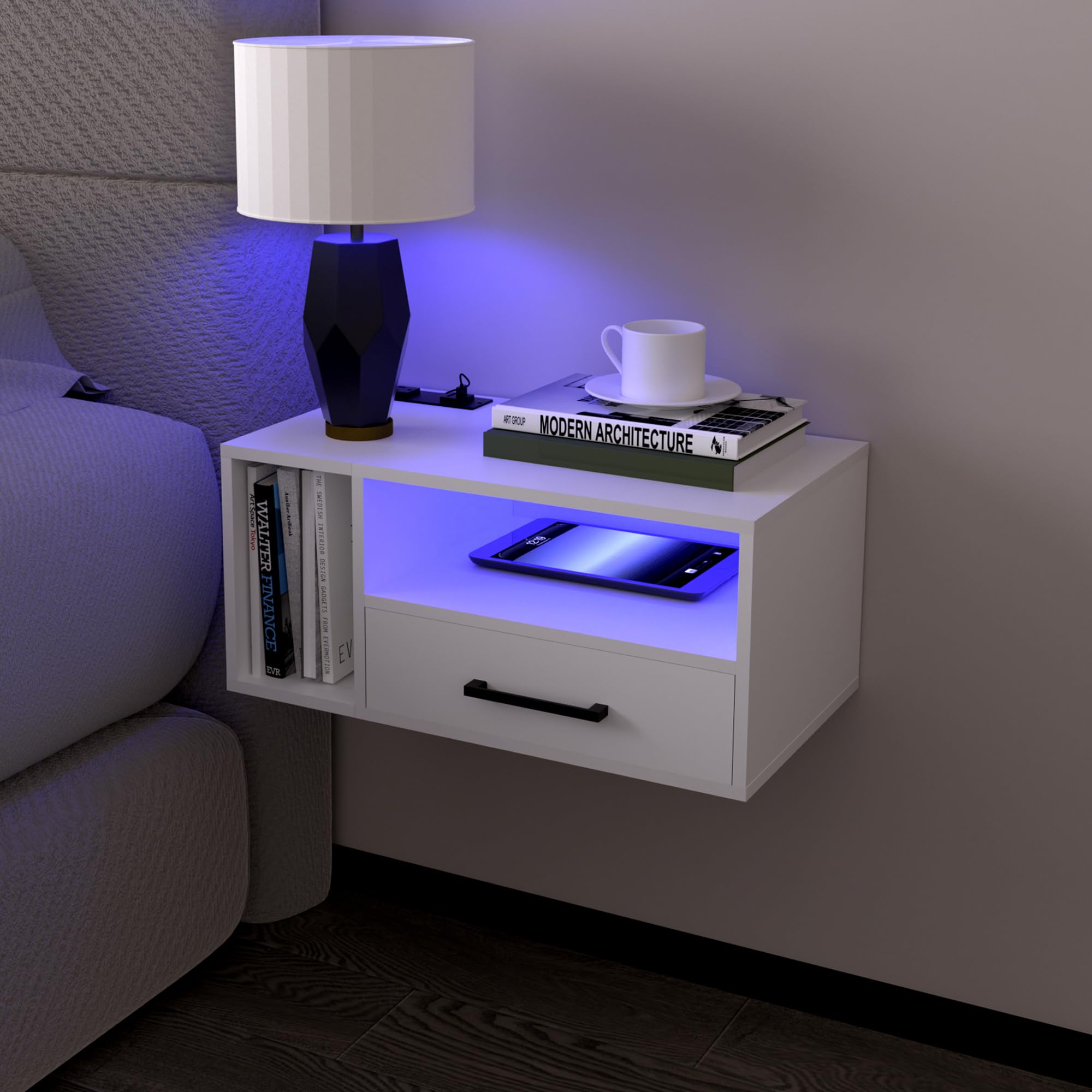 Homaterial Floating Nightstand with Charging Station and LED Lights, Floating Bedside Table with Drawers Wall Mounted Nightstand