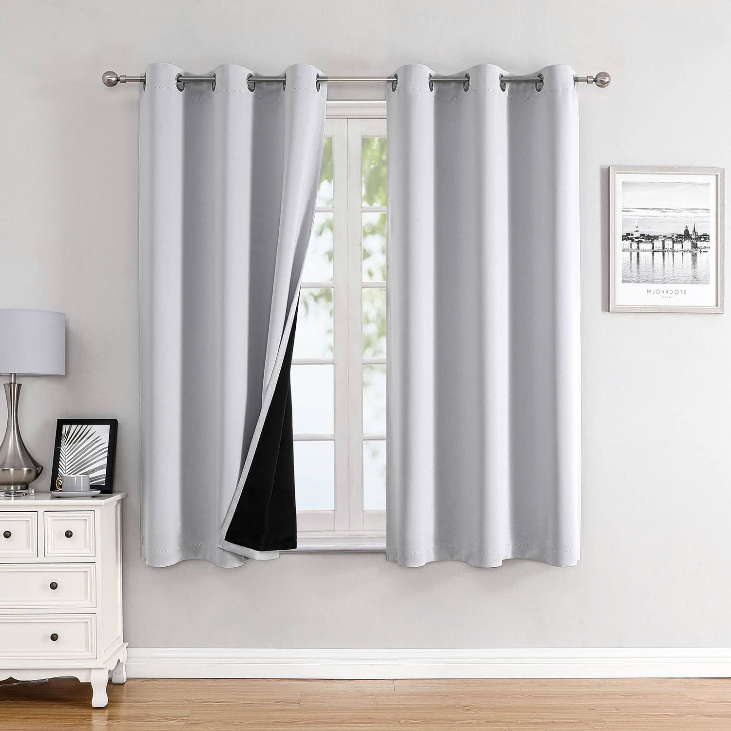 ChrisDowa 100% Blackout Curtains for Bedroom with Black Liner, 2 Thick Layers Total Blackout Thermal Insulated Grommet Small Win