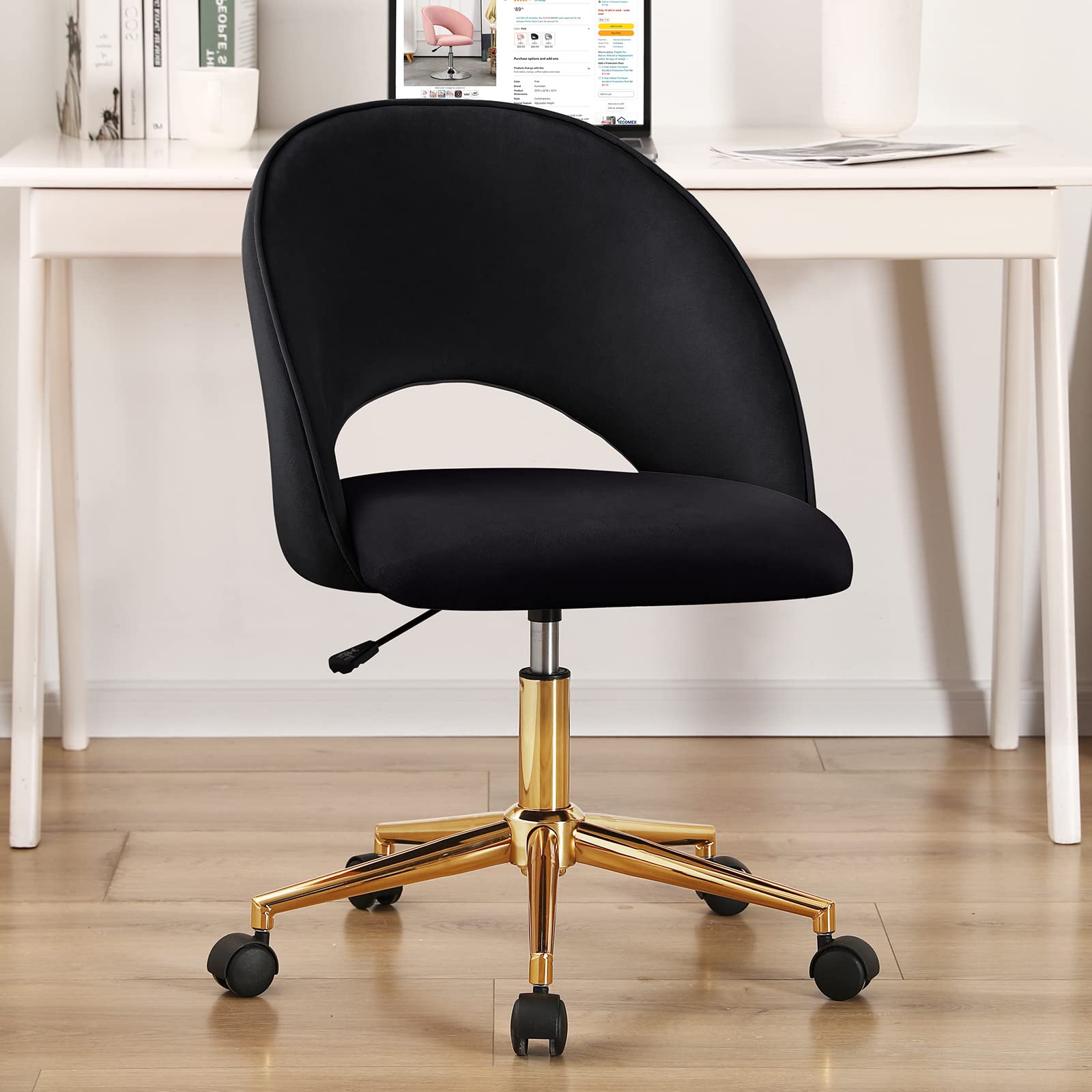 Furnimart Velvet Home Office Armless Desk Chair Adjustable Task Chairs Small Swivel Upholstered Office Chair Students Desk Chair