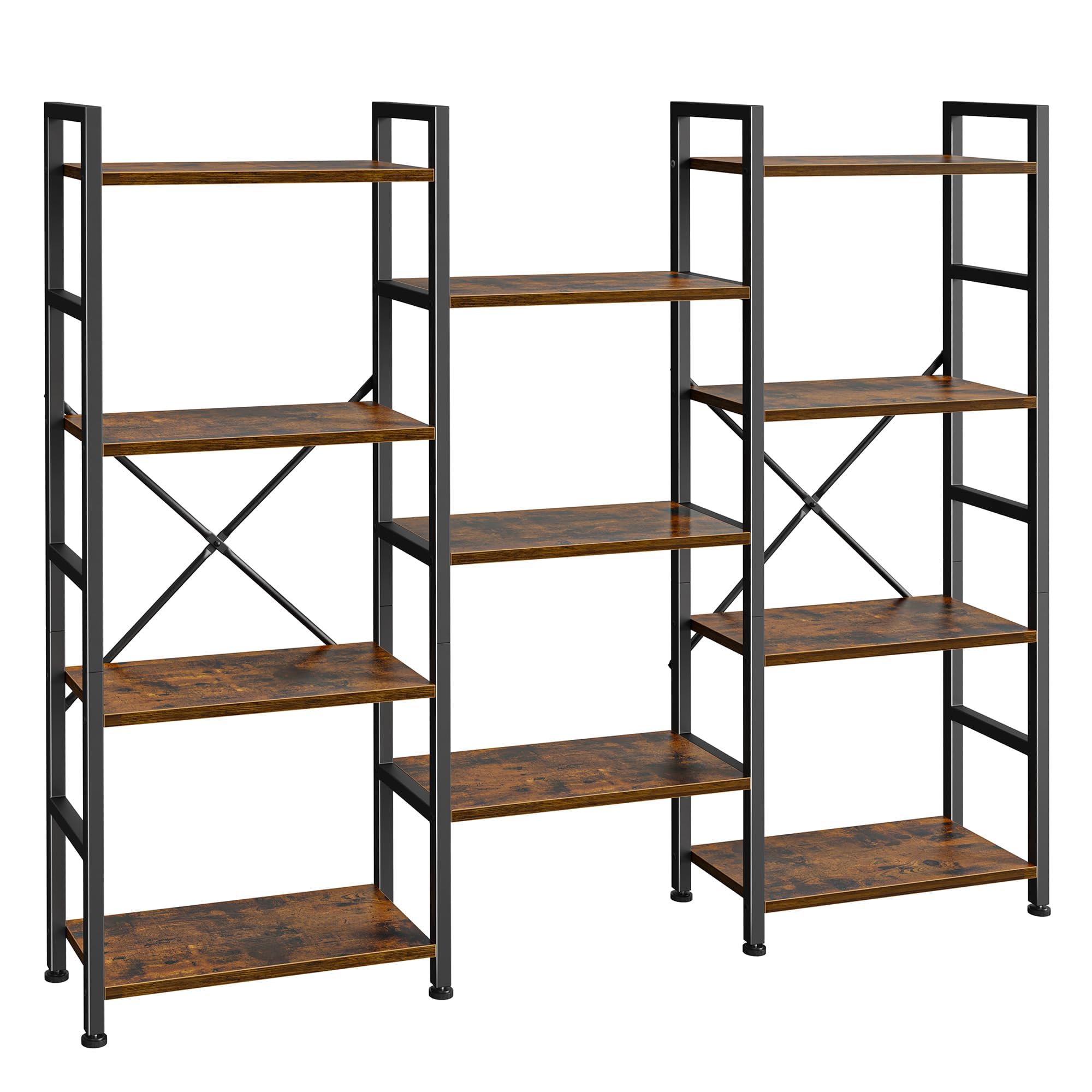 SUPERJARE Triple 4 Tier Bookshelf, Bookcase with 11 Open Display Shelves, Wide Book Shelf Book Case for Home & Office, Rustic Br