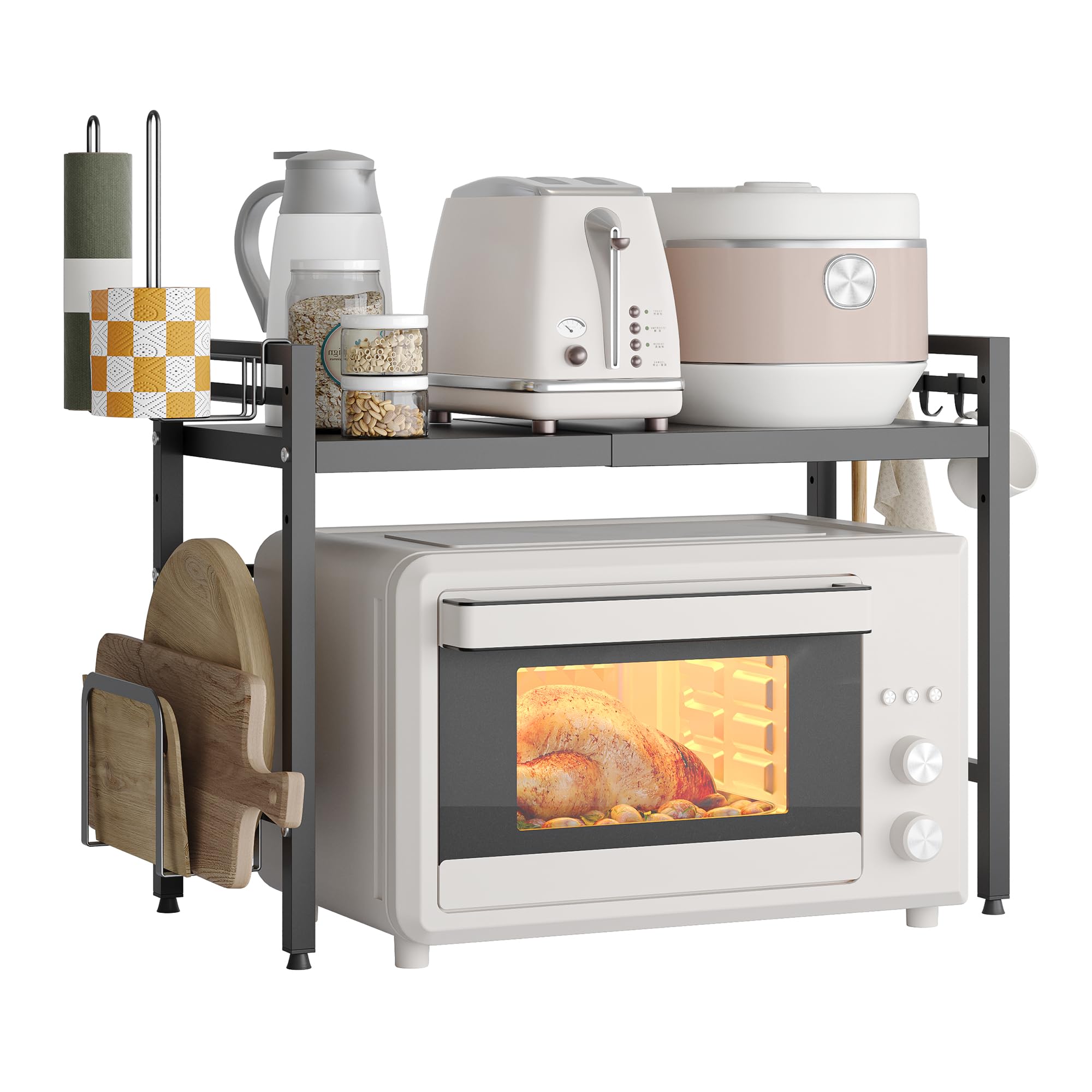 NETEL Expandable Microwave Stand,2 Tier Metal Kitchen Countertop Organizer Shelves with Paper Towel Holder and Baskets,Bakers Ra