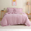 Silnuo Vintage Pink/White Plaid Ruffle 3-Piece Duvet Cover Set Queen Size,Washed Cotton Shabby Gingham Checkered Bedding Set Far