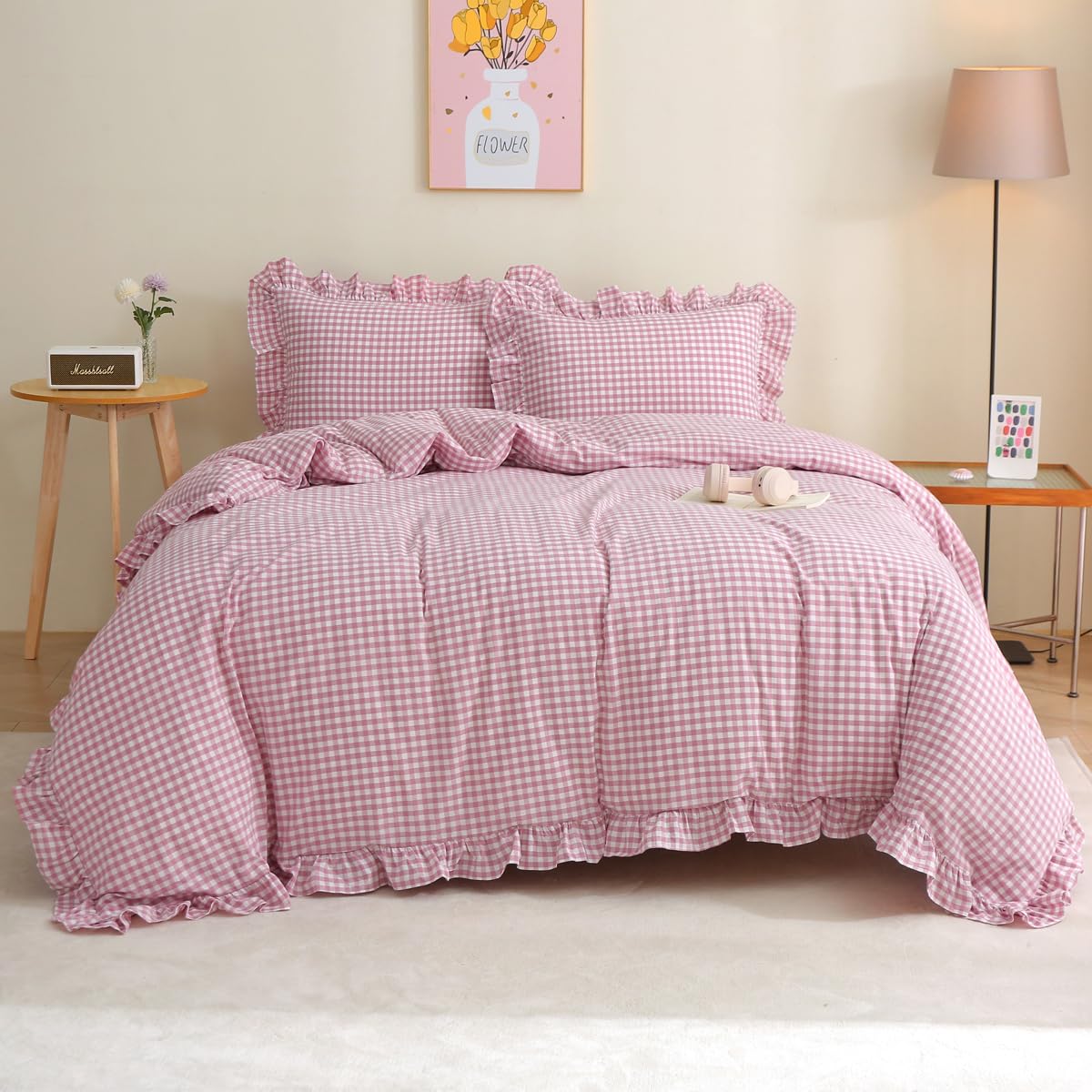 Silnuo Vintage Pink/White Plaid Ruffle 3-Piece Duvet Cover Set Queen Size,Washed Cotton Shabby Gingham Checkered Bedding Set Far
