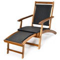 RELAX4LIFE Patio Chaise Lounge Chair - Acacia Wood Folding Rattan Wicker Chair w/Retractable Footrest, Space-Saving Ergonomic De