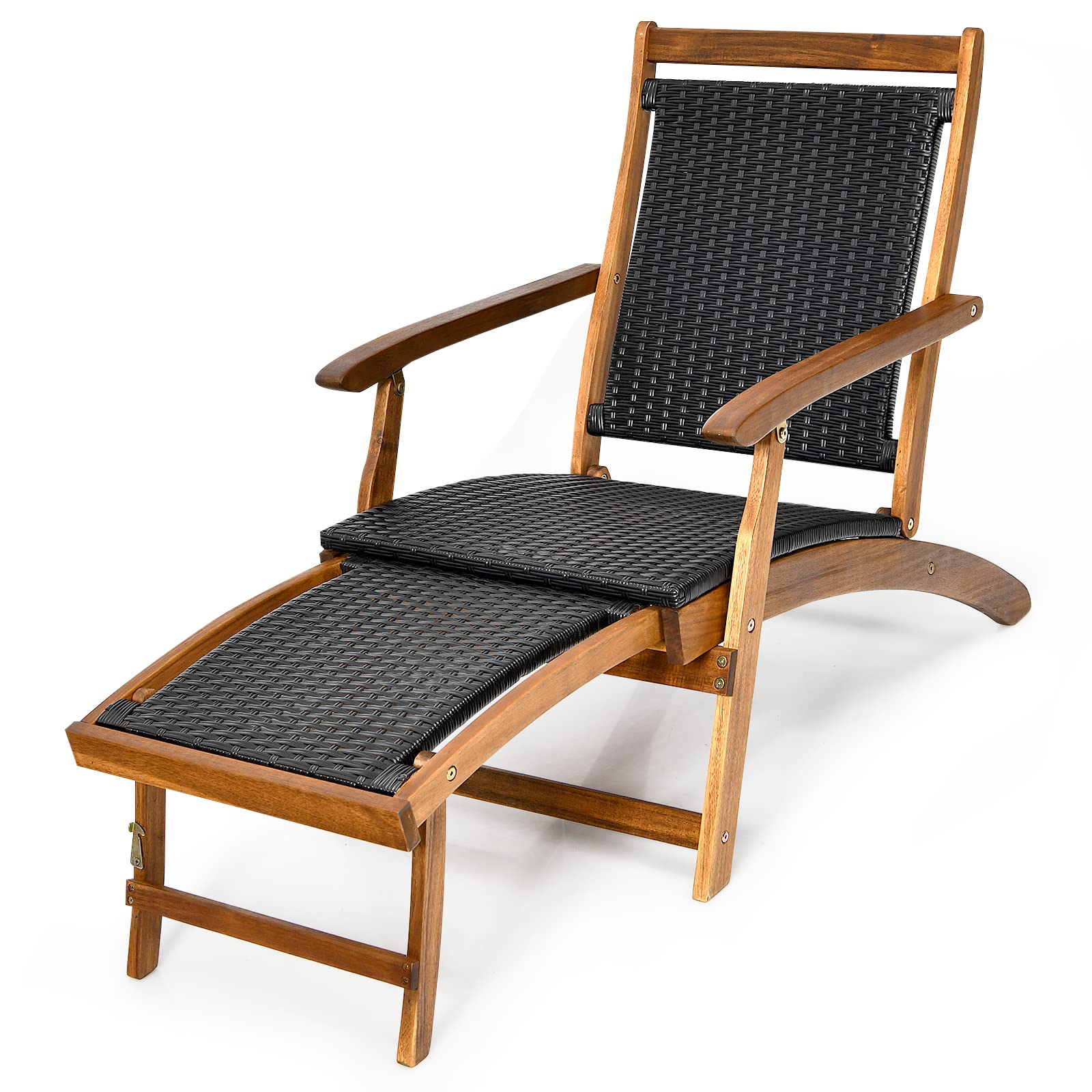 RELAX4LIFE Patio Chaise Lounge Chair - Acacia Wood Folding Rattan Wicker Chair w/Retractable Footrest, Space-Saving Ergonomic De