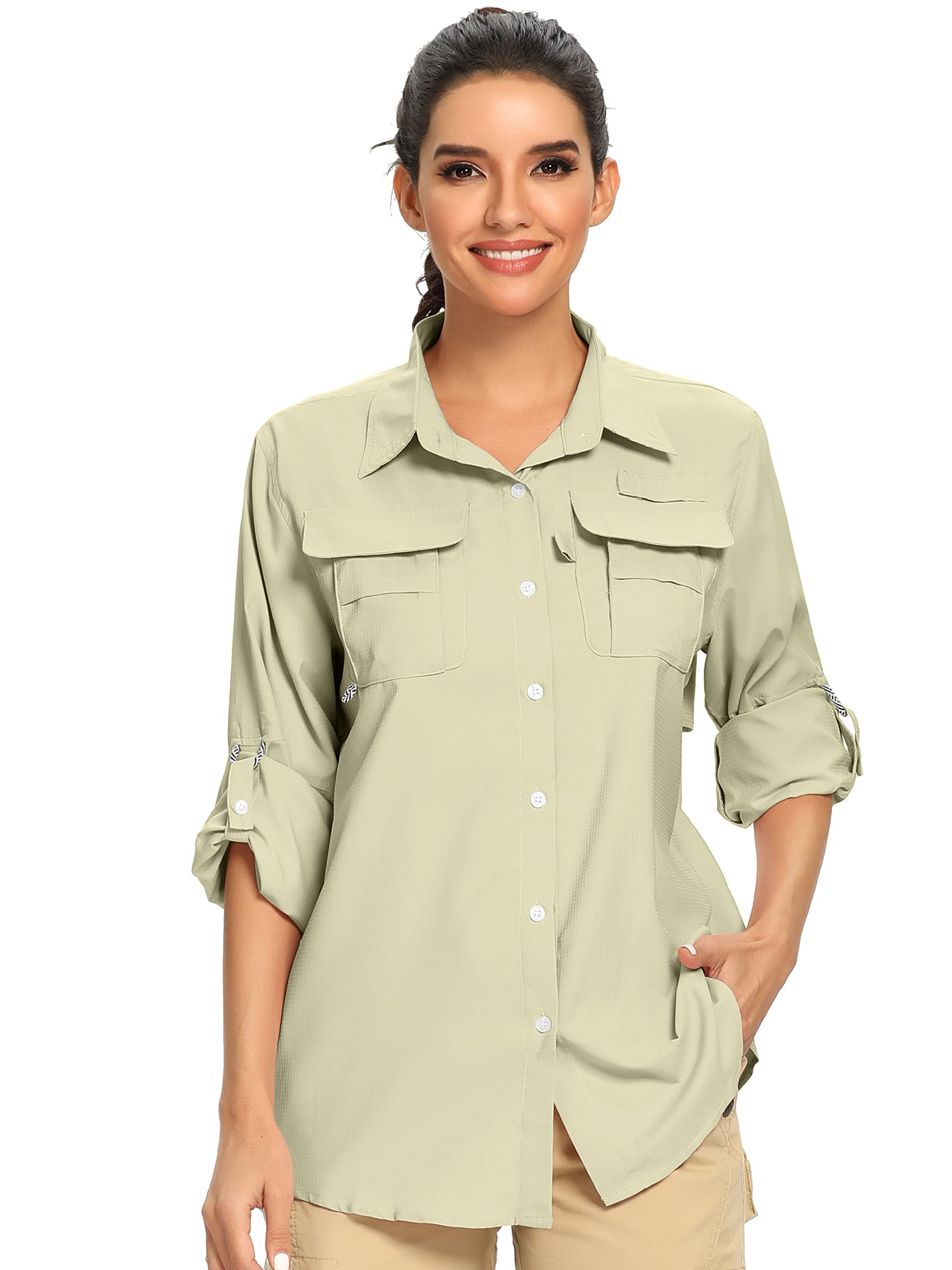 Womens UPF Long Sleeve Fishing Shirts Button Up Hiking Safari Shirts Sun Protection and Quick Dry,Khaki,L