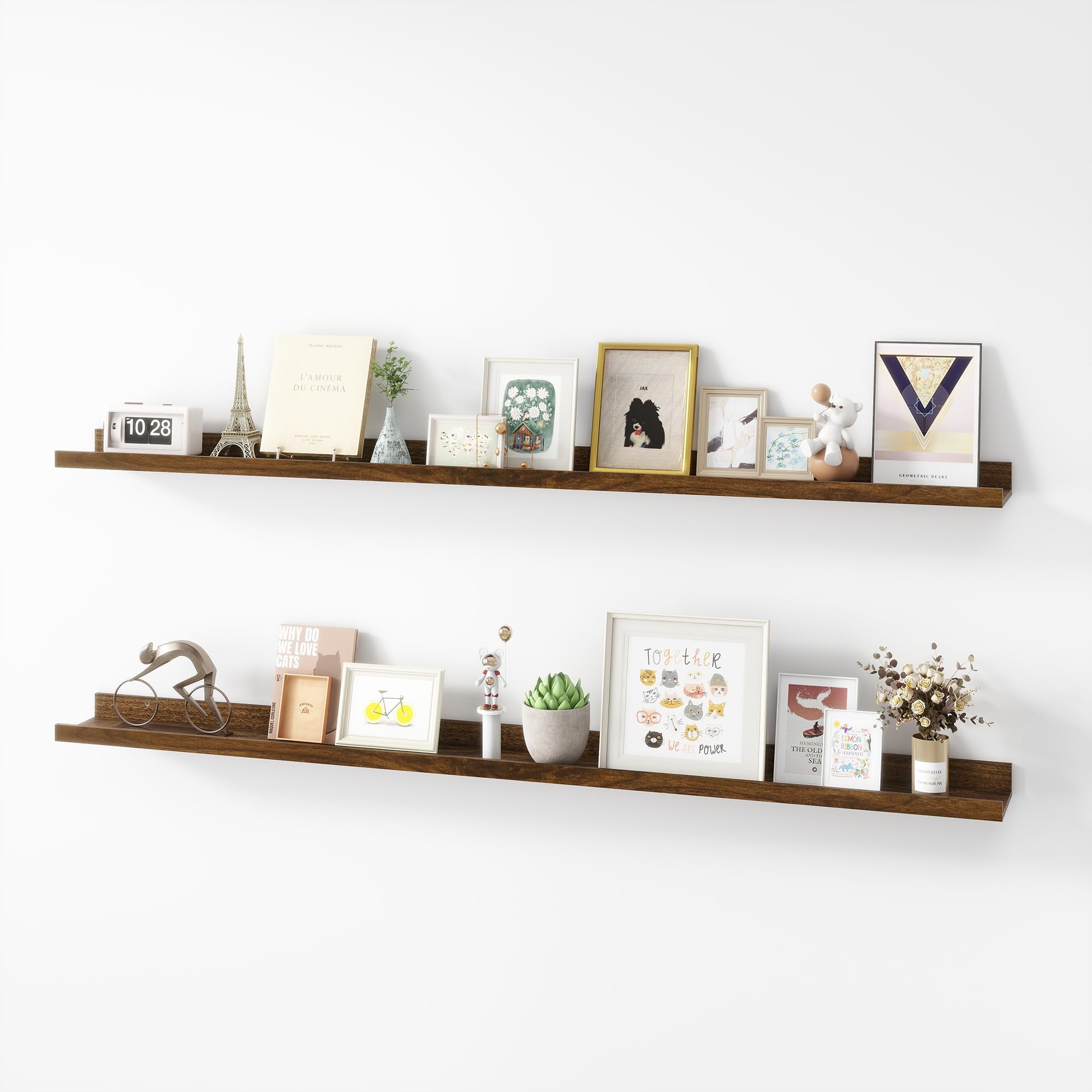 Acovy Picture Ledge Shelf, Wood Long Floating Shelves for Wall, Set of 2, 56 inch Picture Ledge Shelves, Photo Ledge Nursery Boo