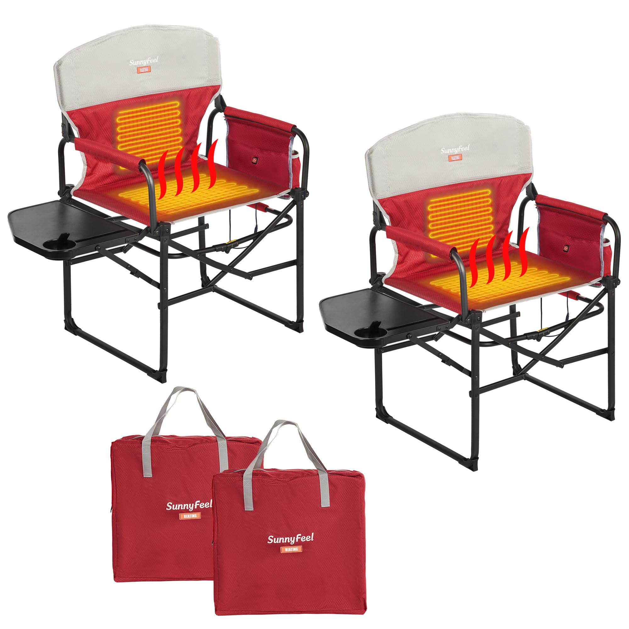 SUNNYFEEL Heated Camping Directors Chair, Heavy Duty,Oversized Portable Folding Chair with Side Table, Pocket for Beach, Fishing