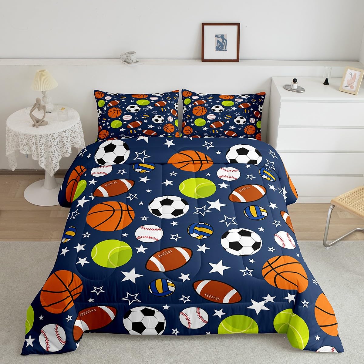 Feelyou Sports Theme Bedding Set Full Size Basketball Football Baseball Tennis Comforter Set for Kids Boys Girls Teens Toddler S