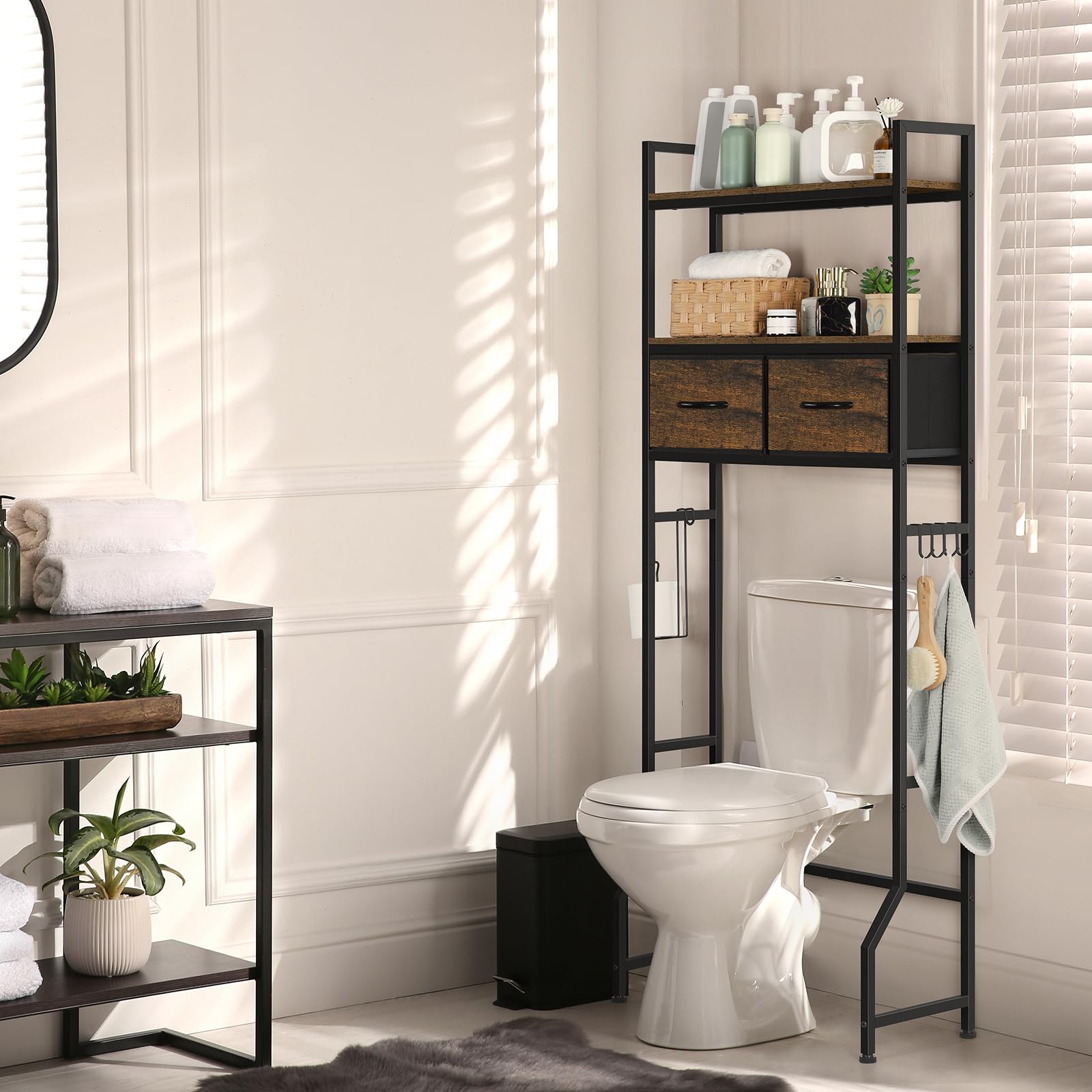 ETELI Over The Toilet Storage Cabinet with Fabric Drawers Bathroom Storage Over Toilet Fit Most Toilets, Rustic Brown