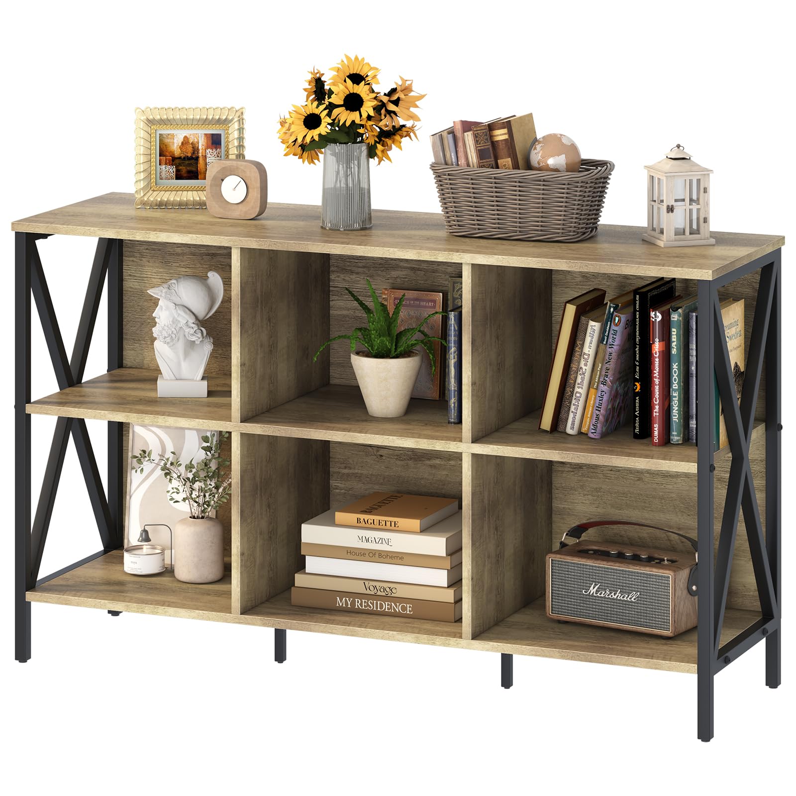 Horizontal Bookshelf Bookcase,6 Cube Storage Organizer with Open Shelf,47 Inch Industrial Low Wide Wood and Metal Cubby shelf,Lo
