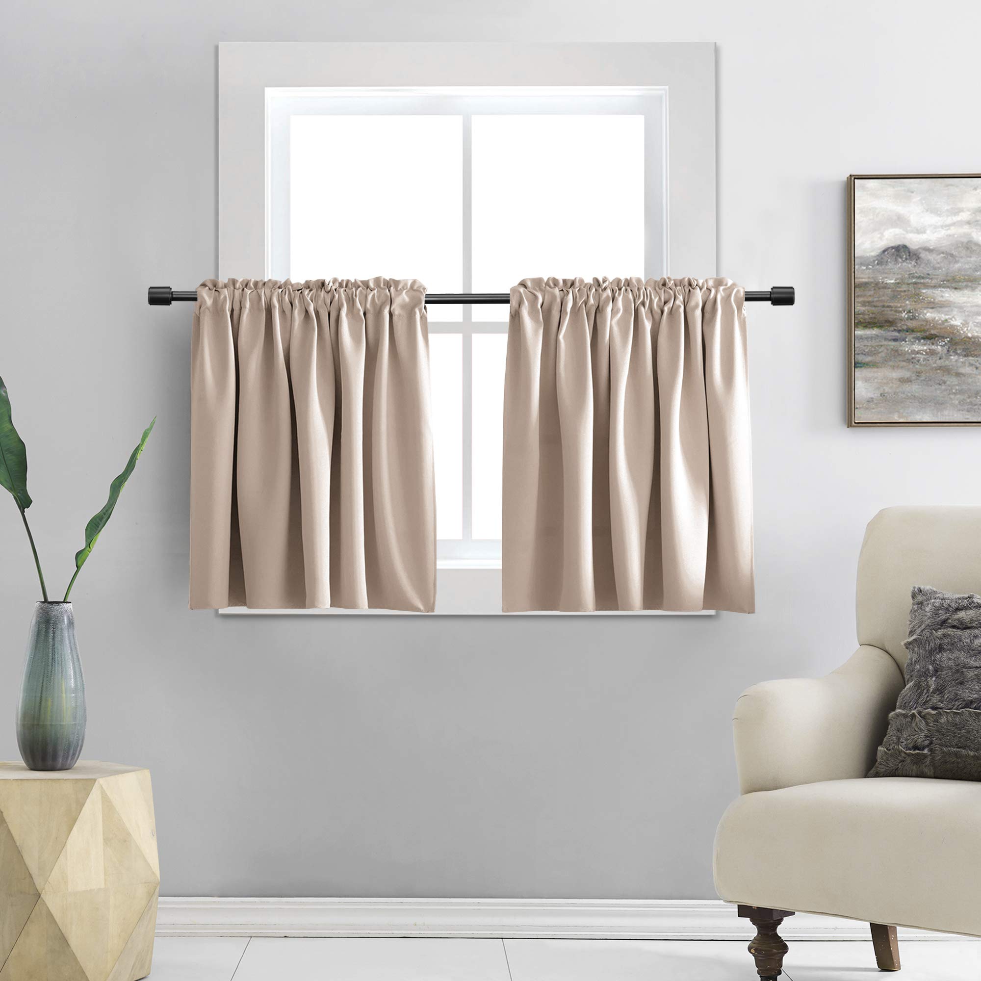 DONREN 2 Panels Blackout Half Curtains for Small Windows - Cabinet Curtain Tiers for Kitchen with Rod Pocket (Warm Taupe,30 x 36
