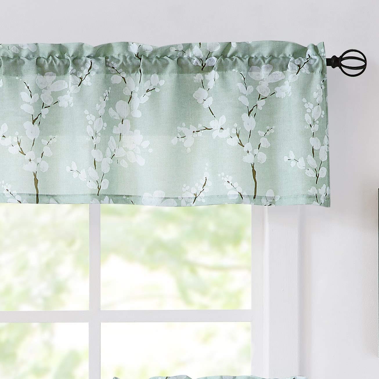 FMFUNCTEX Green Window Valance Curtains for Living Room White Floral Print on Canvas Kitchen Valance for Bathroom Basement Windo