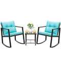 Devoko 3 Piece Rocking Bistro Set Wicker Patio Outdoor Furniture Porch Chairs Conversation Sets with Glass Coffee Table (Blue)