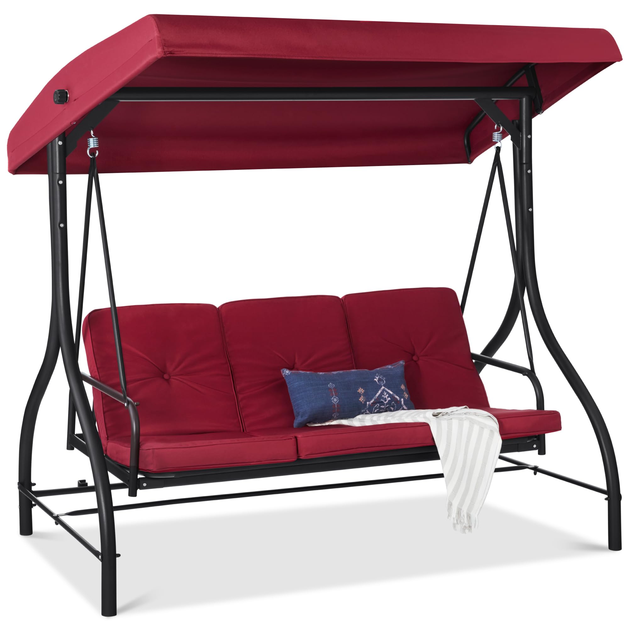 Best Choice Products 3-Seat Outdoor Large Converting Canopy Swing Glider, Patio Hammock Lounge Chair for Porch, Backyard w/Flatb