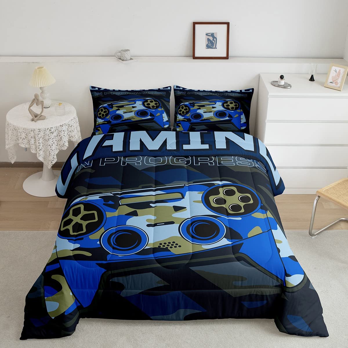 Boys Gaming Comforter Set Twin Size Teens Gamer Bedding Set Retro Blue Camouflage Video Game Controller Comforter For Kids Youth