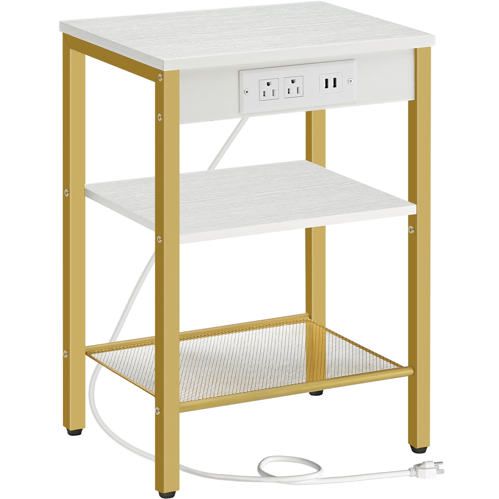 HOOBRO End Table with Charging Station and USB Ports, 3-Tier Nightstand with Adjustable Shelves, Small Side Table for Small Spac