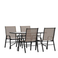 Flash Furniture Brazos 5 Piece Outdoor Patio Dining Set - 4 Brown Flex Comfort Stack Chairs - 55 Tempered Glass Patio Table with