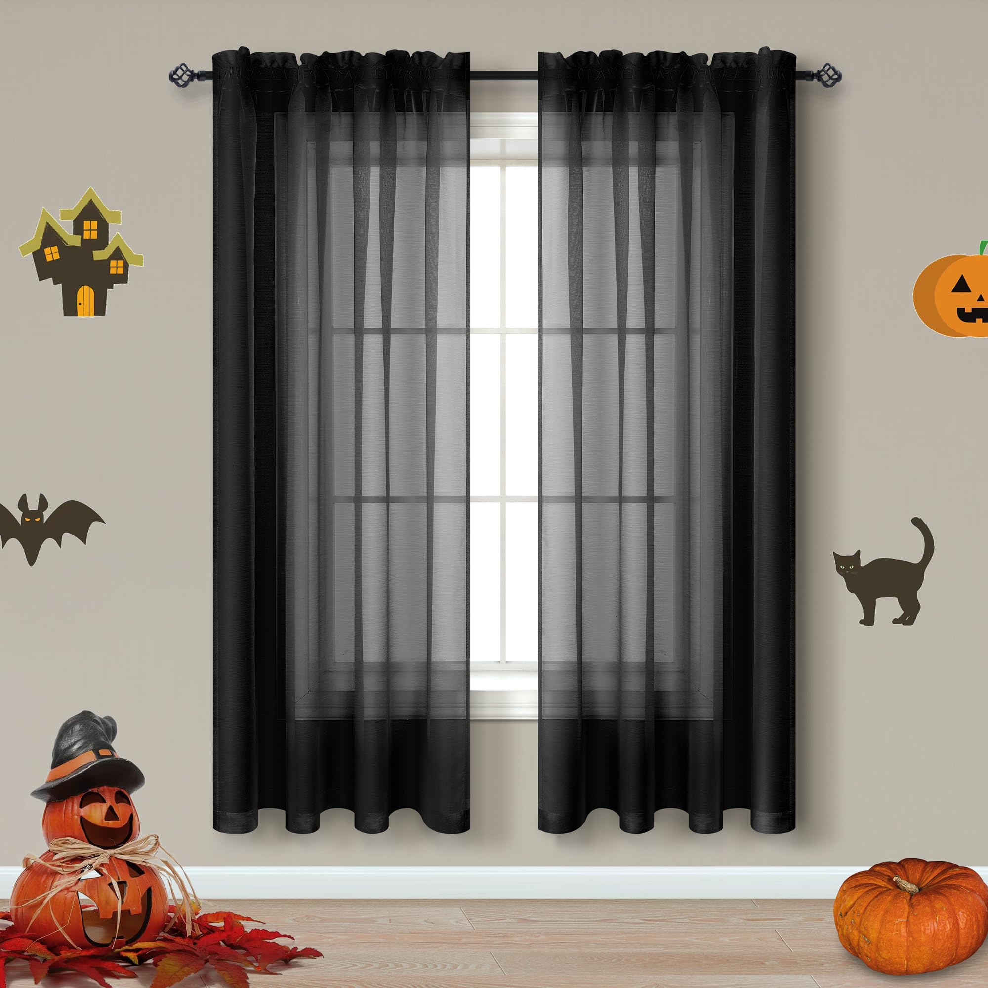 Black Sheer Curtains 63 Inch Length for Bedroom 2 Panels Set Rod Pocket Window Curtains for Living Room 52x63 Inches Long