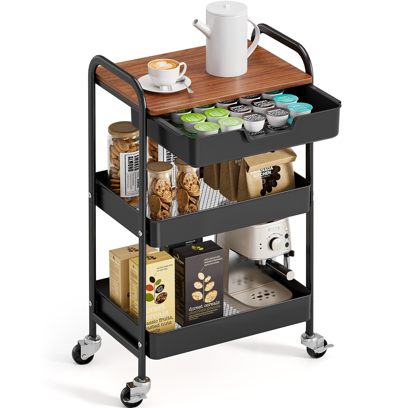 TOOLF 3-Tier Utility Rolling Cart with Wooden Board and Drawer, Metal Storage Cart with Handle, Black Trolley Kitchen Organizer 