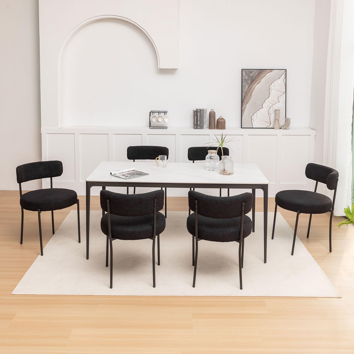 Riknuxi Boucle Dining Chairs Set of 6, Round Upholstered Dining Chairs with Black Metal Legs, Modern Dining Room Chairs for Dini