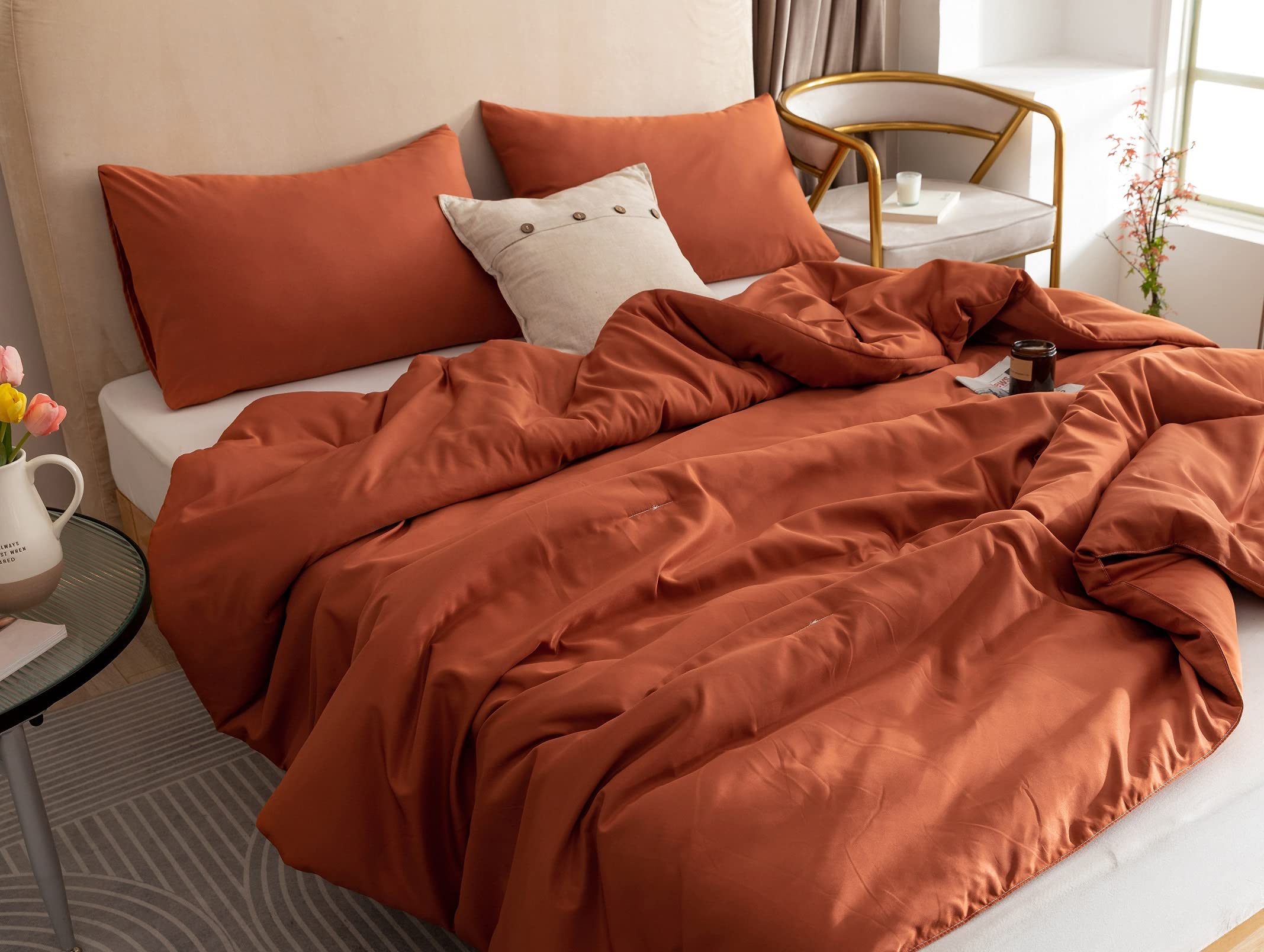 ROSGONIA Terracotta Comforter Set King- 3pcs (1 Comforter & 2 Pillowcases) Rust King Comforter Set for Women and Men- Reversible