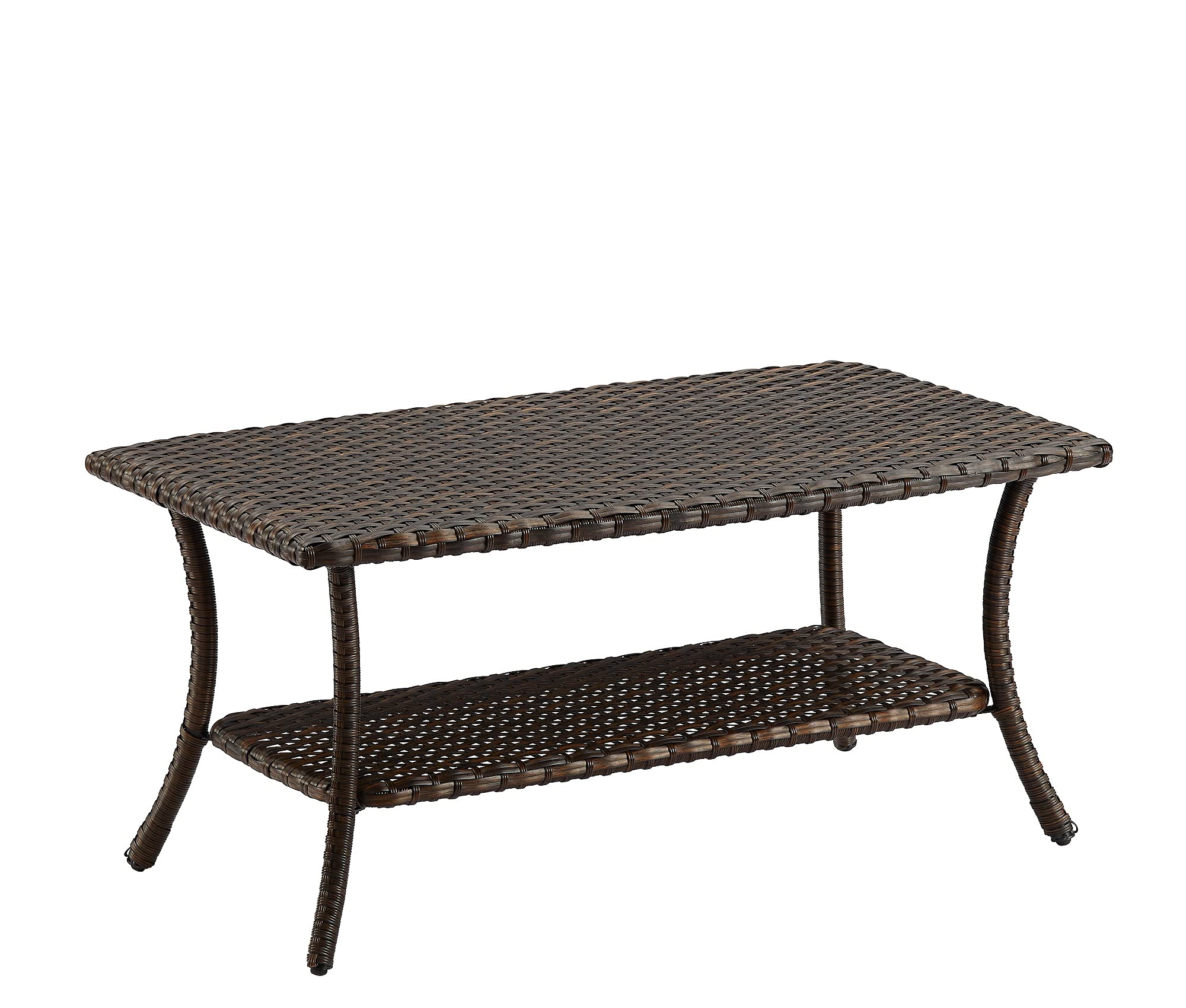 Rilyson Outdoor Wicker Coffee Table, Patio Rattan Coffee Table with 2-Tier Storage Shelf with PP Board for Patio Conversation Se