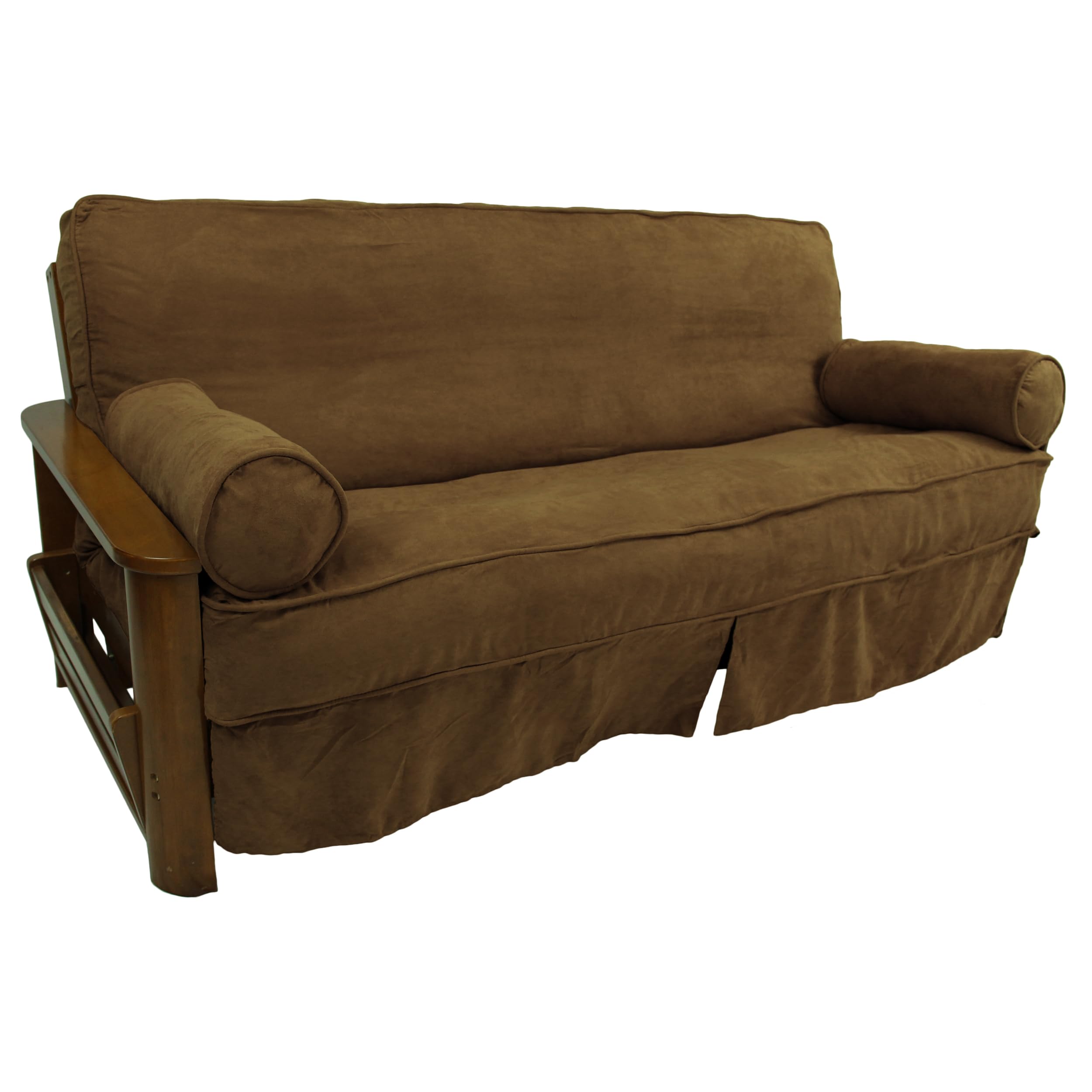 Blazing Needles Solid Microsuede Double Corded 8 to 9 Futon Slipcover Set with 2 Bolster Pillows (Set of 3), Full, Saddle Brown