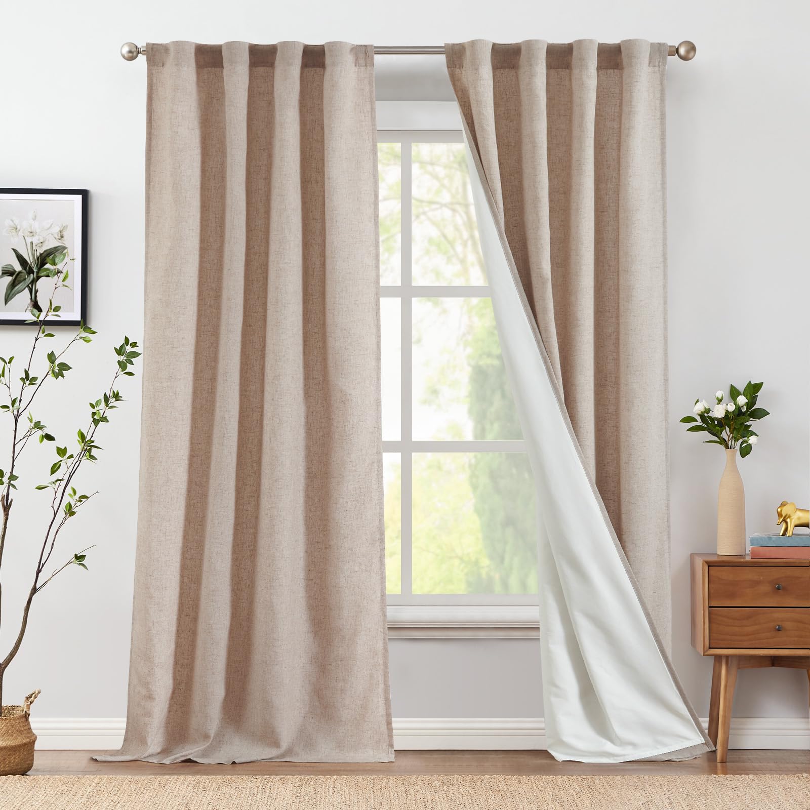jinchan Linen Taupe Curtains 96 Inch Long for Living Room Farmhouse Rod Pocket Back Tab Light Filtering Window Drapes with Lined