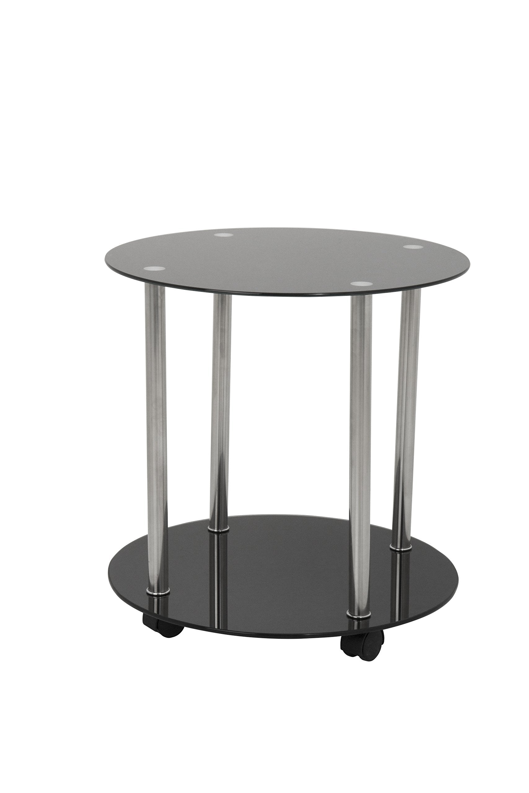 AVF Steel and Glass Two Tier Round Wheeled End Table in Black/Chrome