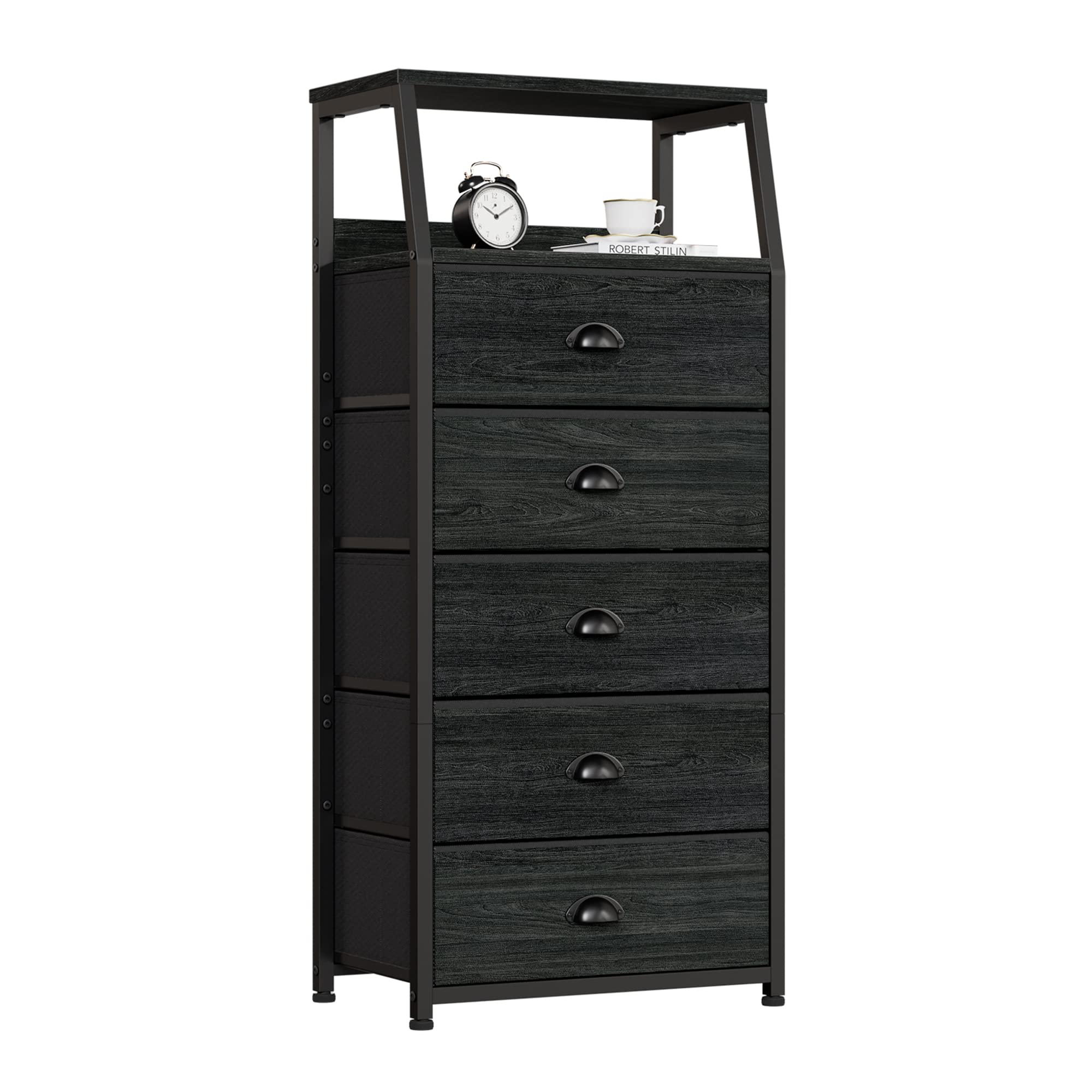 Furnulem Black Dresser with 5 Drawers, Vertical Storage Tower Fabric Dresser for Bedroom, Hallway, Entryway, Nursery, Closet Org