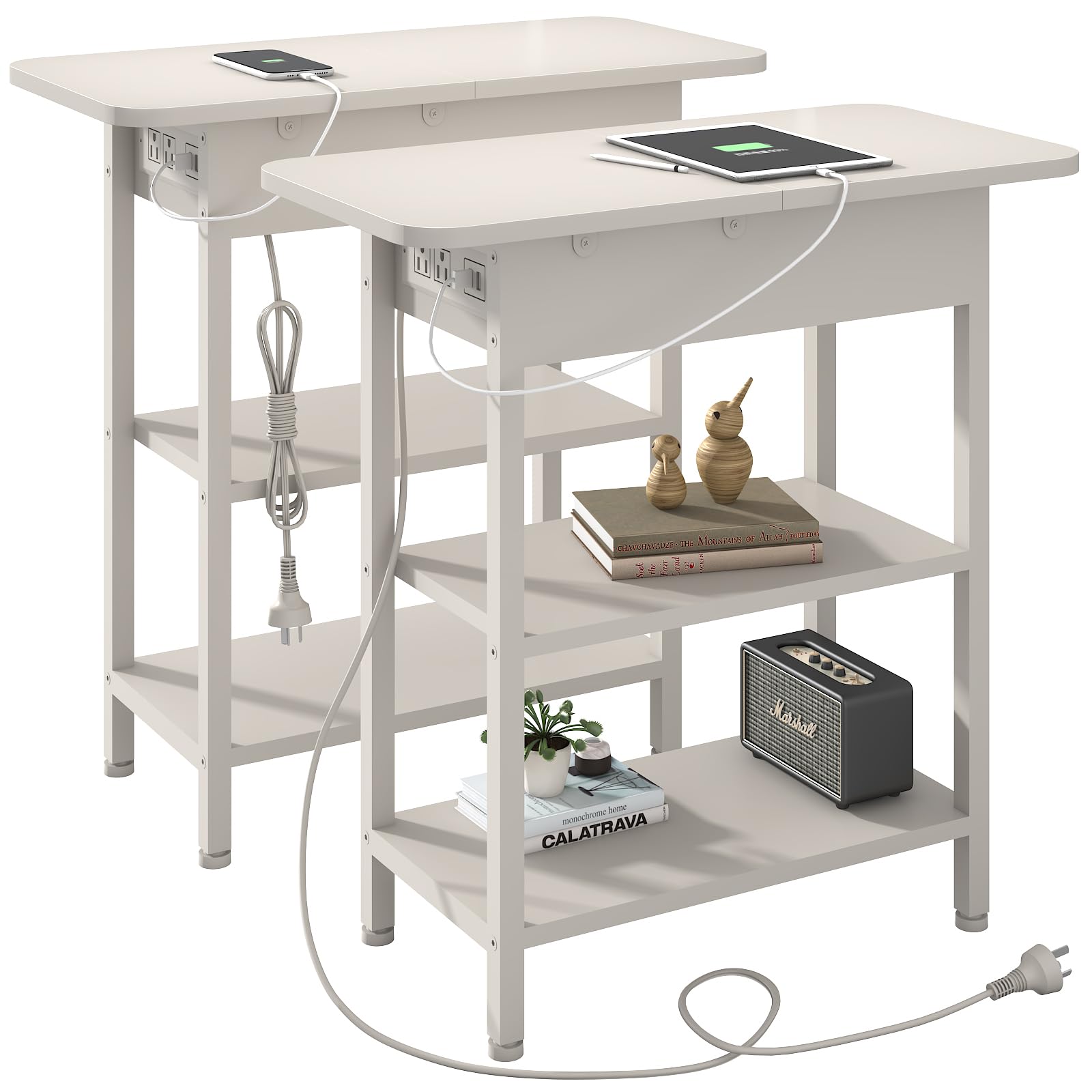 LIDYUK End Table with Charging Station, Set of 2 Flip Top Narrow Side Table for Small Spaces, Nightstands Set of 2 for Bedroom, 