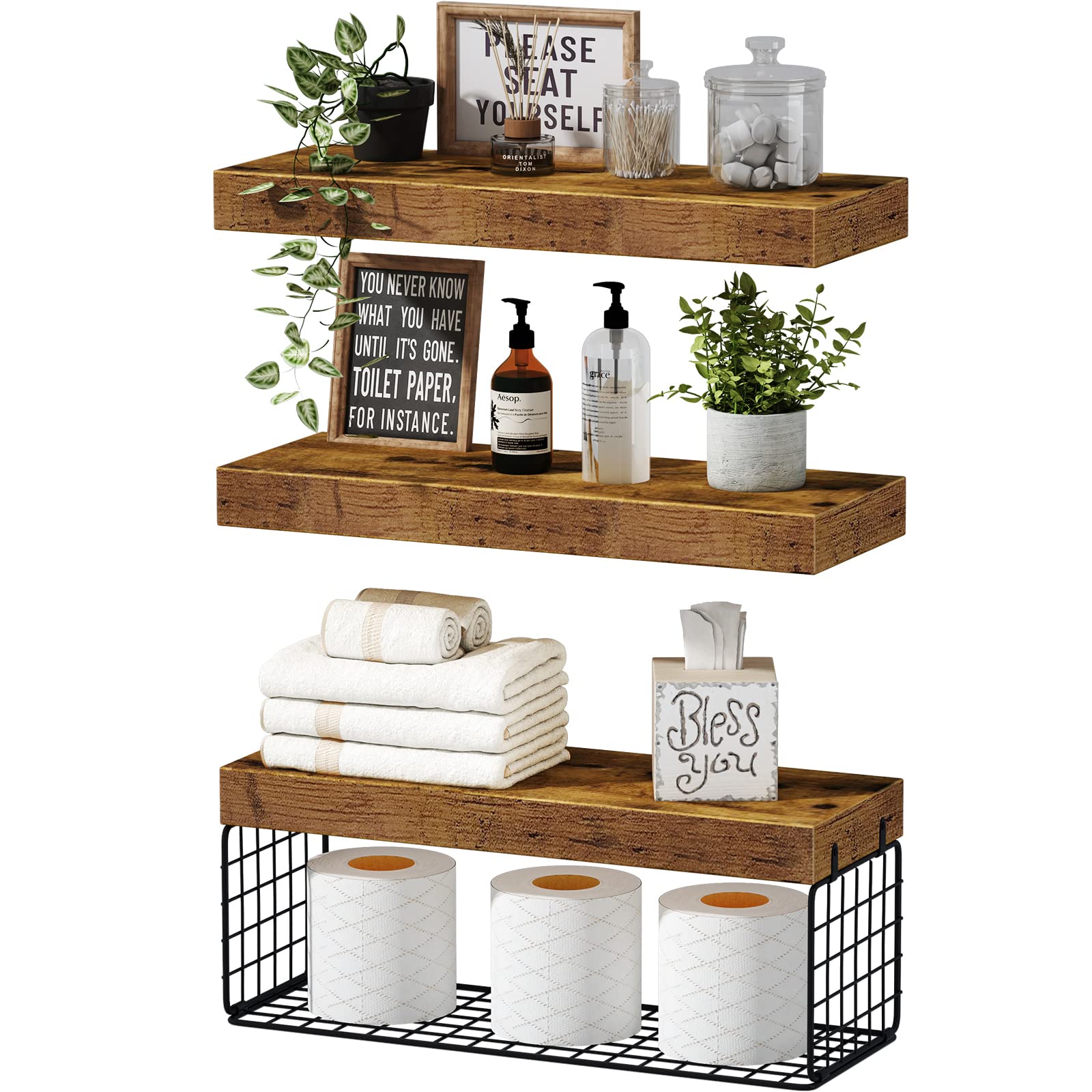 QEEIG Bathroom Shelves Over Toilet Wall Mounted Floating Shelves Farmhouse Shelf Toilet Paper Holder Small 16 inch Set of 3, Rus