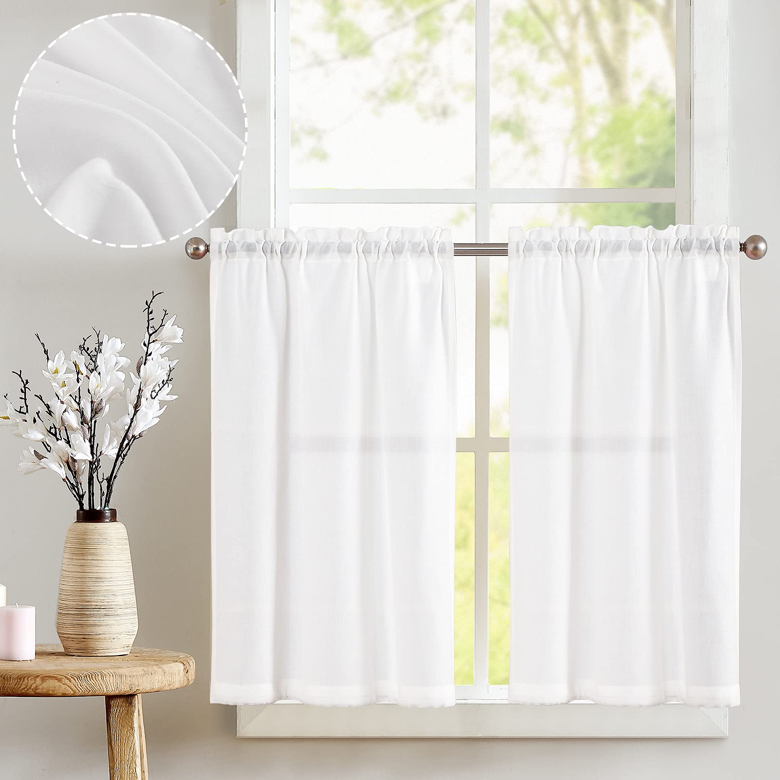 jinchan Kitchen Curtains Linen Tier Curtains 45 Inch Farmhouse Cafe Drapes for Small Window Flax Country Rustic Rod Pocket Bathr