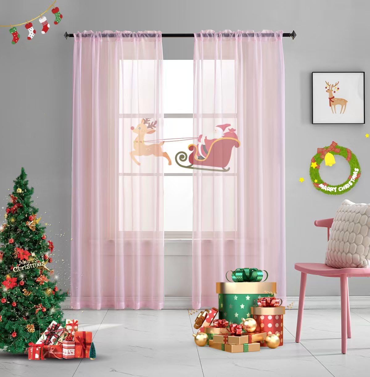 TOAVA DECO Christmas Christmas Pink Sheer Voile Curtains Translucent Solid Color Window Treatment 84 Inches Long Panels Rod Pock