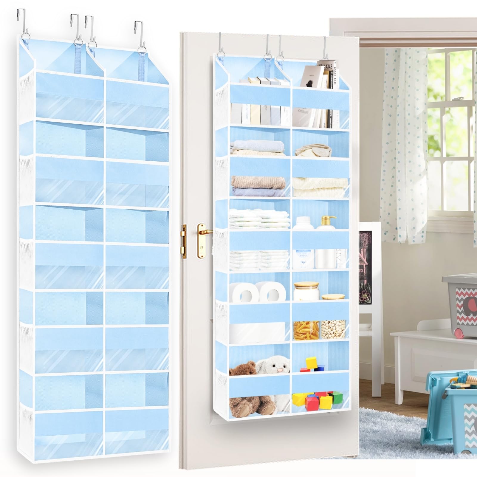 Blue Over the Door Organizer 5 Tiers, Extra Large Behind Door Storage of 10 Compartments, 80 lbs Weight Capacity Hanging Storage
