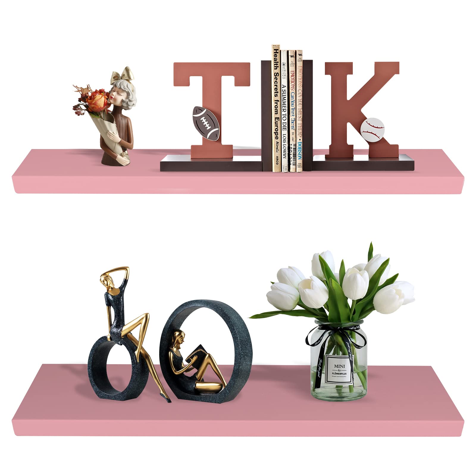 SAUMONIERES 24 Inch Floating Wall Shelves for Bedroom Bathroom Wall Mounted Solid Wood Shelf Storage Decor Set of 2, Pink Floati