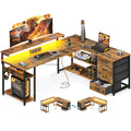 AODK 61 L Shaped Desk with Drawer, Computer Desk with Power Outlets & LED Lights, Reversible Corner Gaming Desk for Home Office 