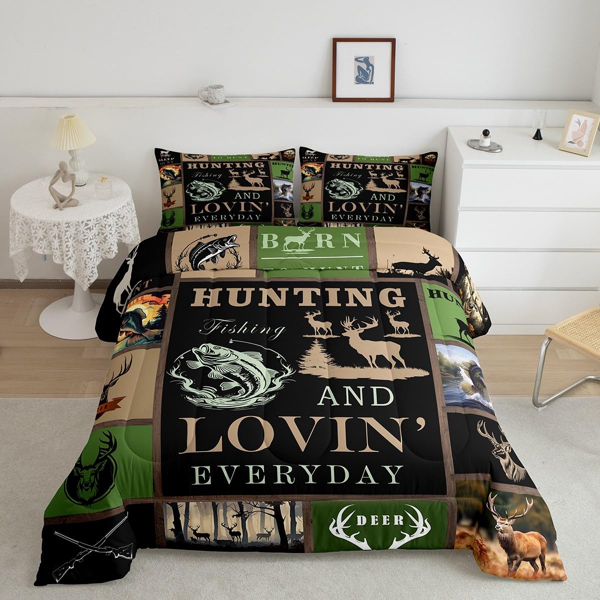 Feelyou Big Pike Fish Bedding Set Deer Comforter Set for Kids Boys Girls Fish and Hunt Duvet Set Antlers Fish Fishing Rod Inner 