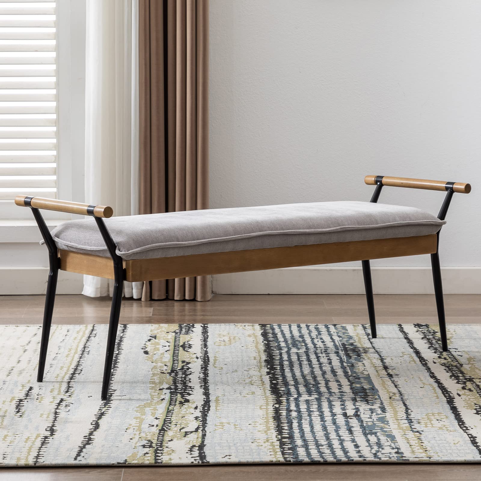 DUOMAY Modern Rectangle Ottoman Bench with Arms and Metal Legs, Mid Century Chenille Fabric Dining Table Bench Footstool Entrywa