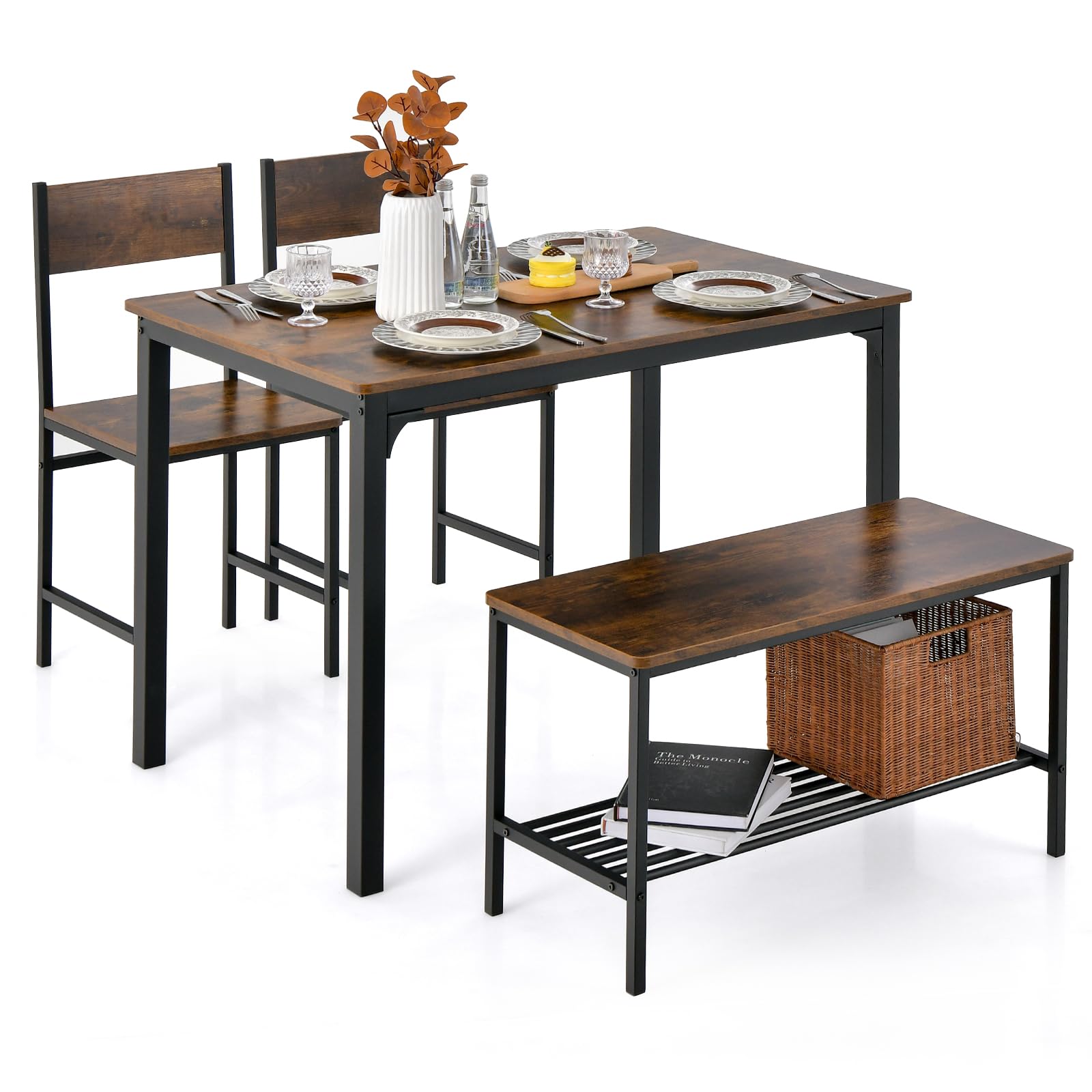 TANGZON Dining Table and 2 Chairs with Bench, 4 Piece Metal Frame Kitchen Table and Chairs Set with Storage Rack, Wooden Dining 
