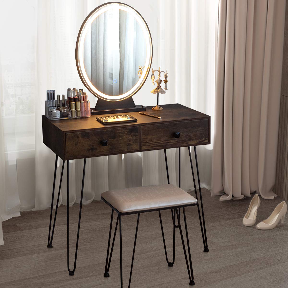 CHARMAID Makeup Vanity Table with Lighted Mirror, 3 Lighting Sets, Adjustable Brightness, 2 Large Drawers, Acrylic Storage Boxes