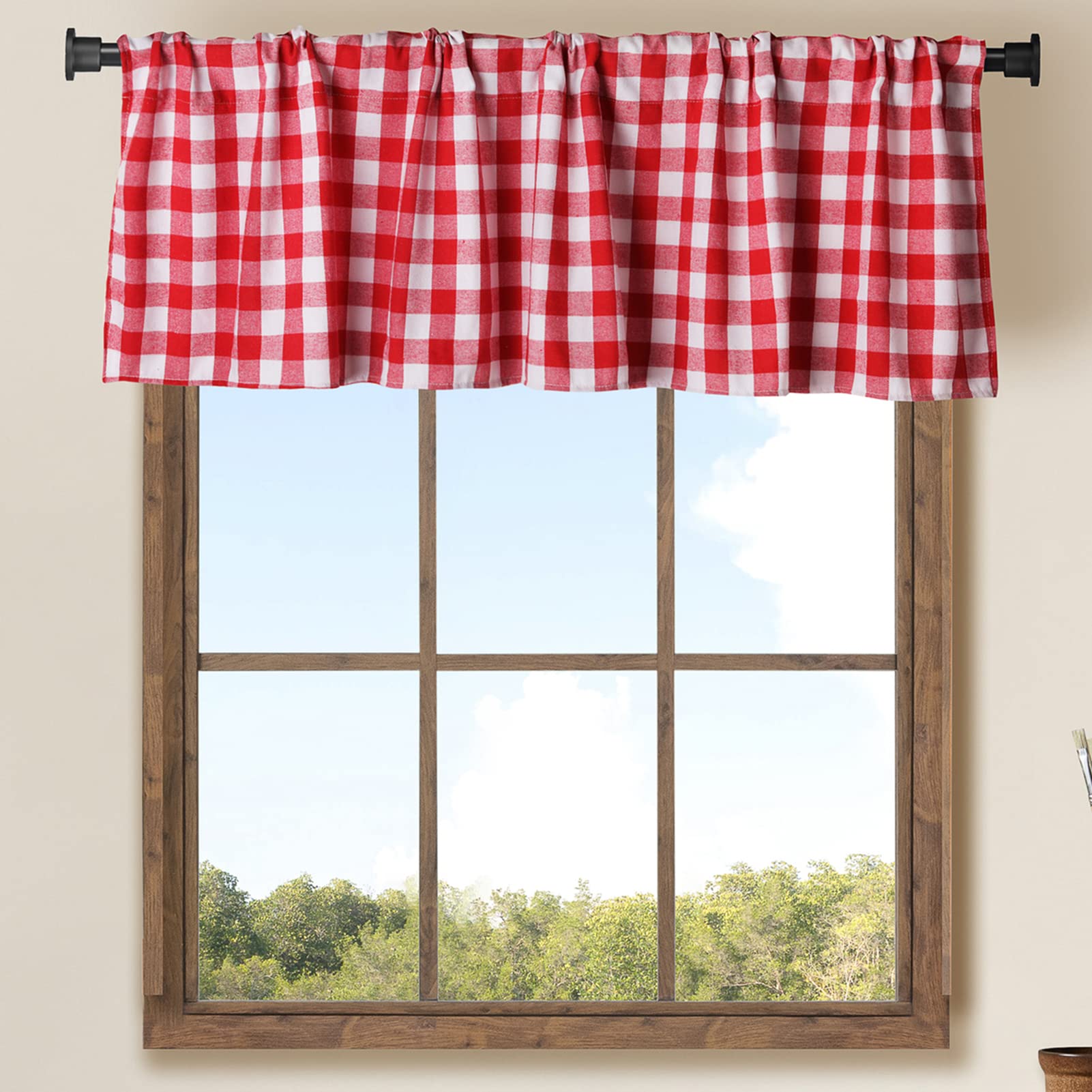 2 Pack Buffalo Check Plaid Cotton Window Valances Red and White Farmhouse Design Window Treatment Decor Curtains Rod Pocket Vala