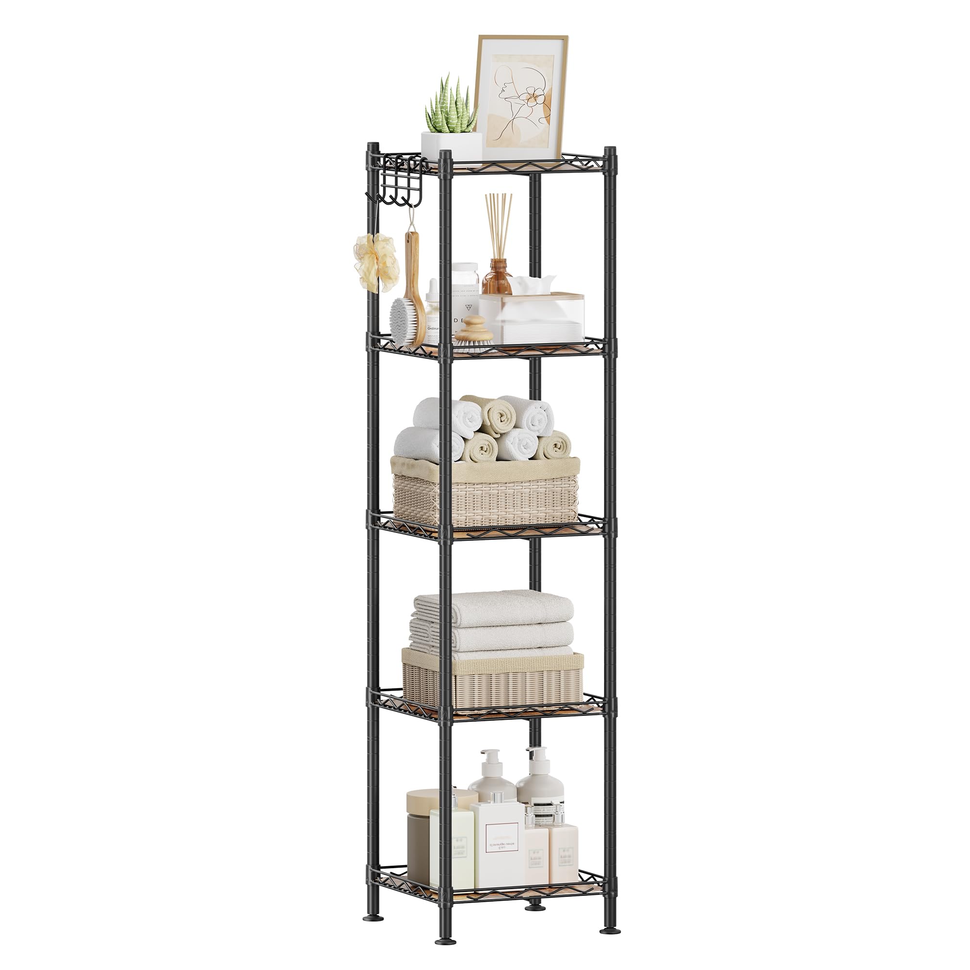 SONGMICS 5-Tier Bathroom Shelf, Storage Rack for Small Space, with 5 PP Shelf Liners, Removable Hook, Extendable Design, Ink Bla